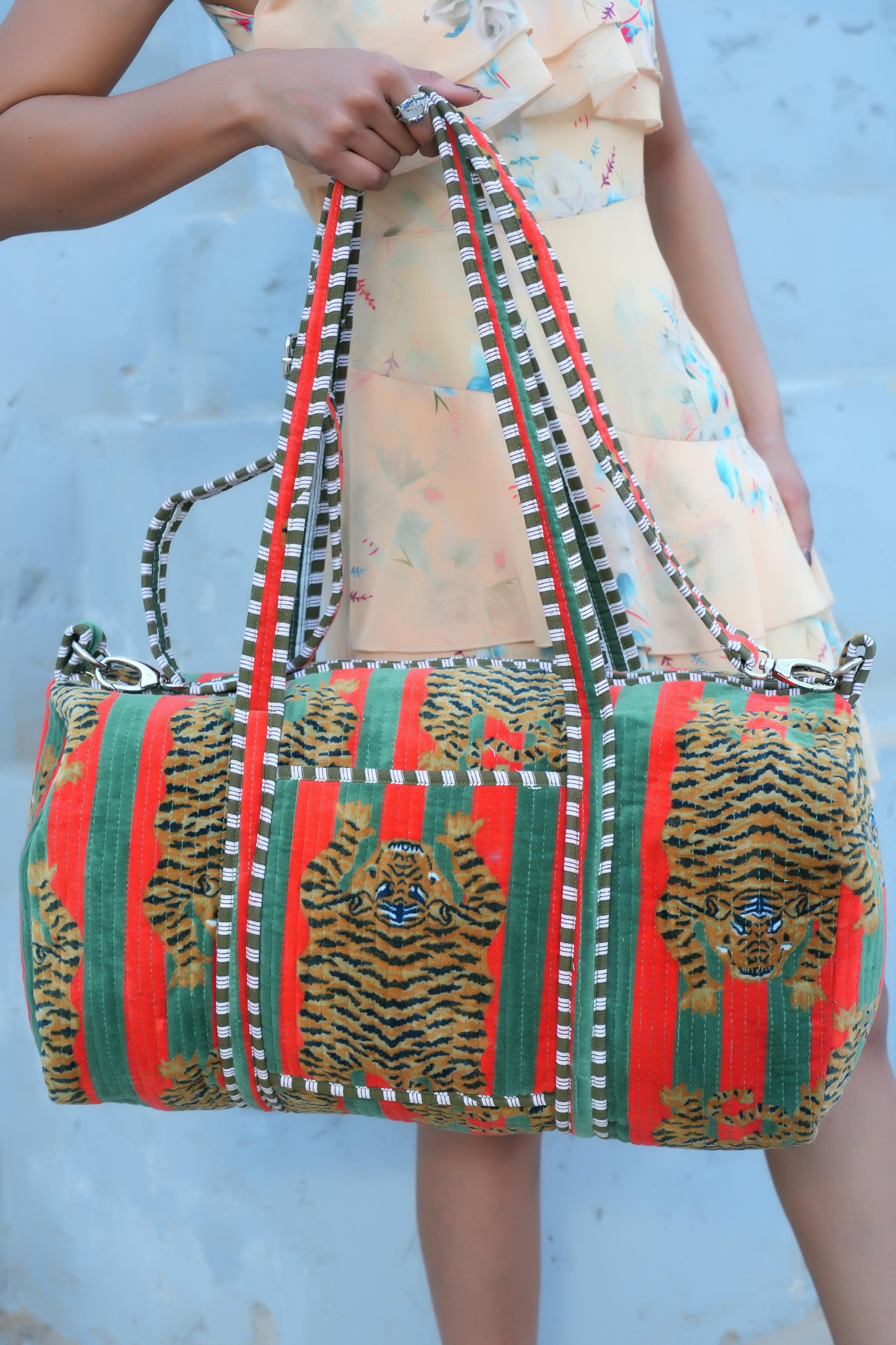 The Tibetan Tiger Velvet Weekender — handmade quilted velvet weekender bag, ethically made in Rajasthan, India