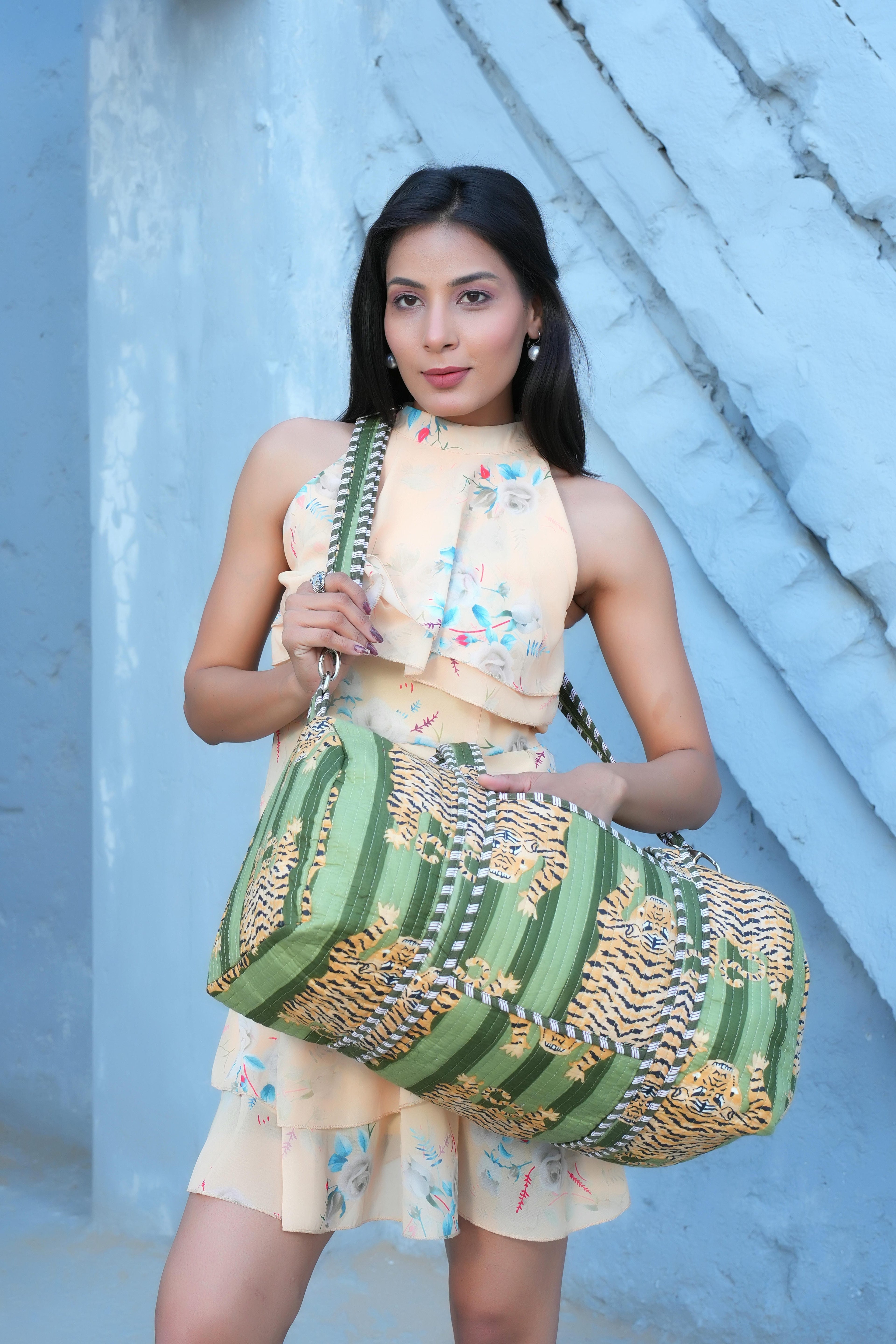 The Tibetan Tiger Weekender — handmade hand block printed cotton weekender bag, ethically made in Rajasthan, India