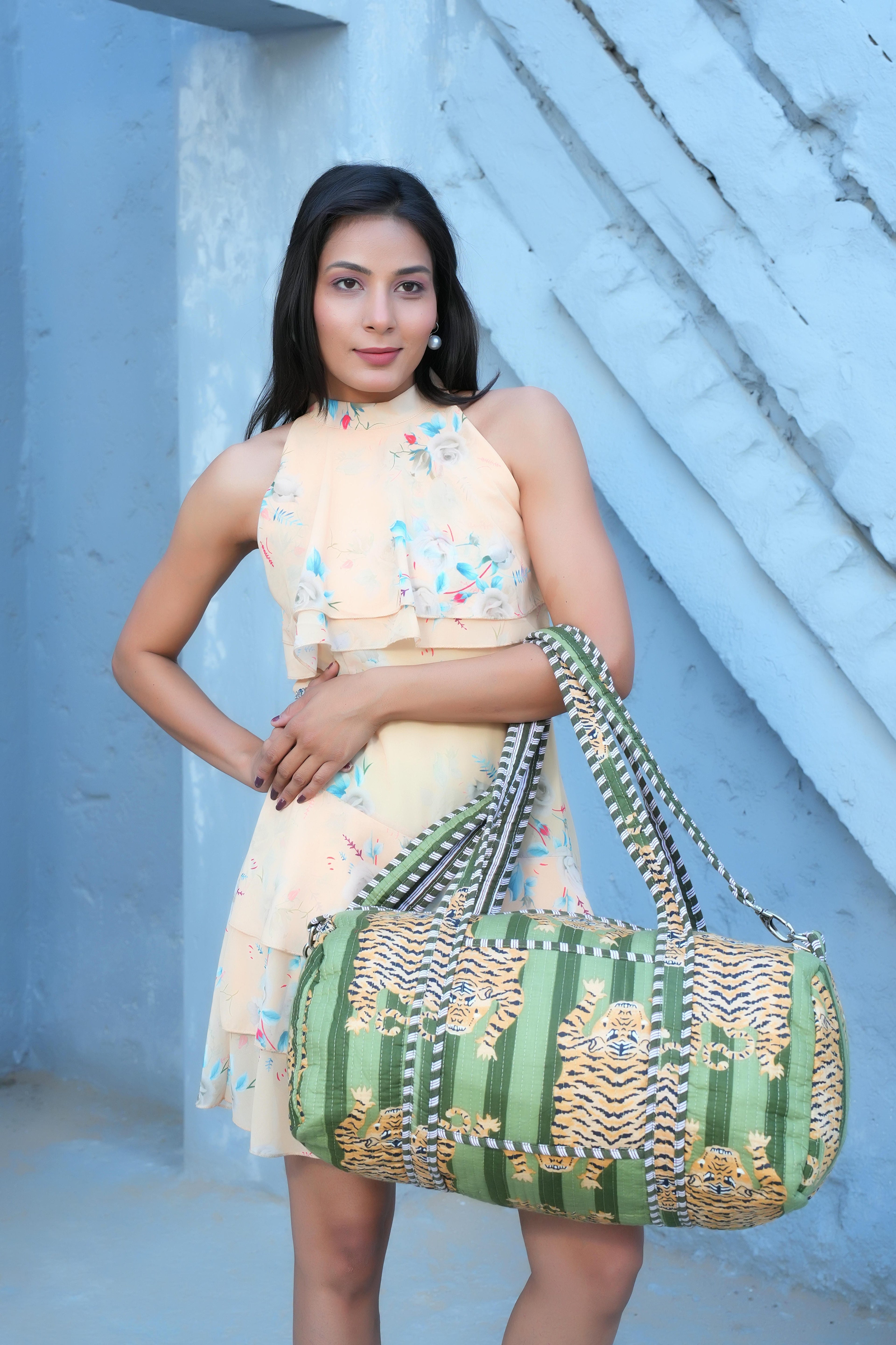 The Tibetan Tiger Weekender — handmade hand block printed cotton weekender bag, ethically made in Rajasthan, India