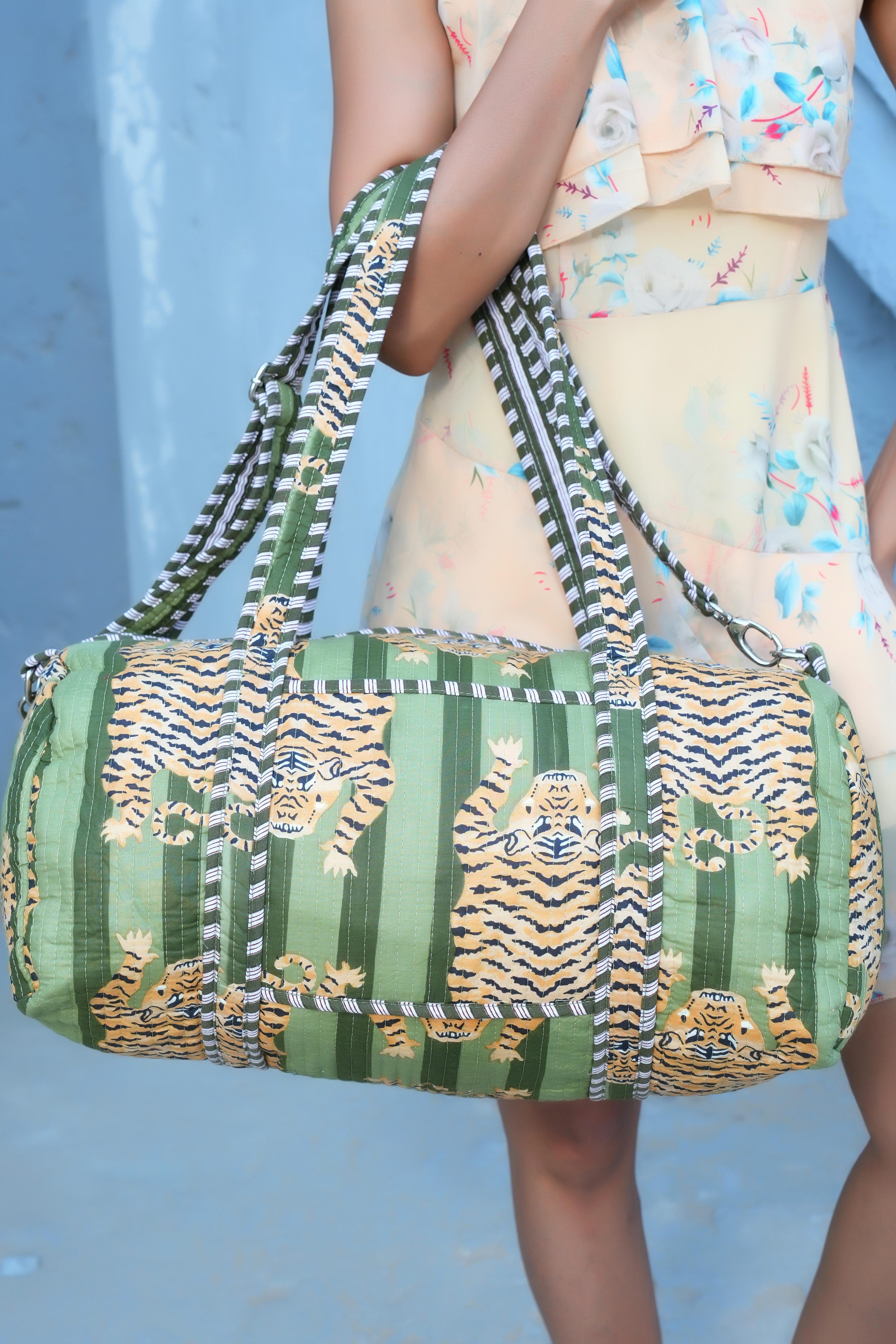 The Tibetan Tiger Weekender — handmade hand block printed cotton weekender bag, ethically made in Rajasthan, India