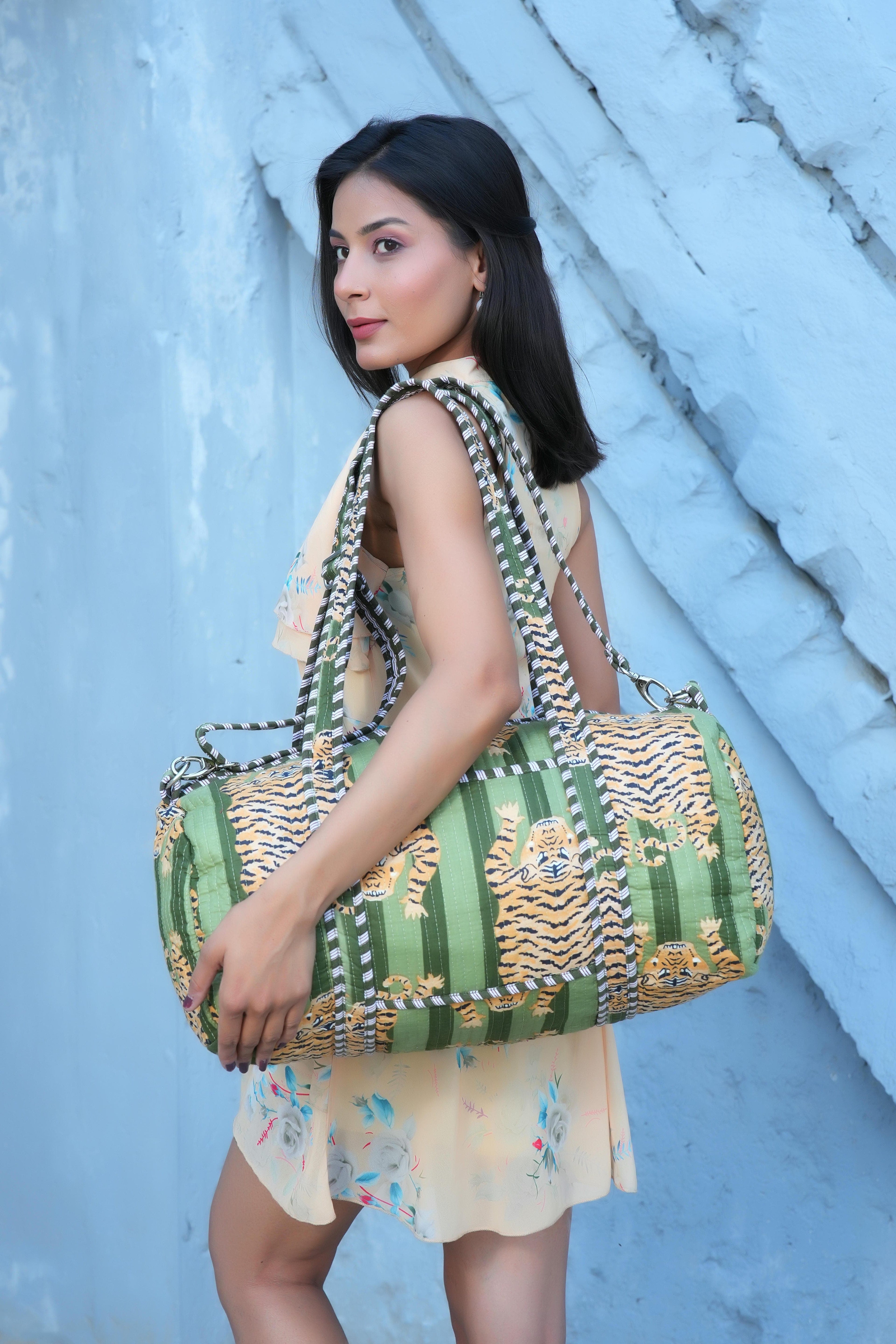 The Tibetan Tiger Weekender — handmade hand block printed cotton weekender bag, ethically made in Rajasthan, India