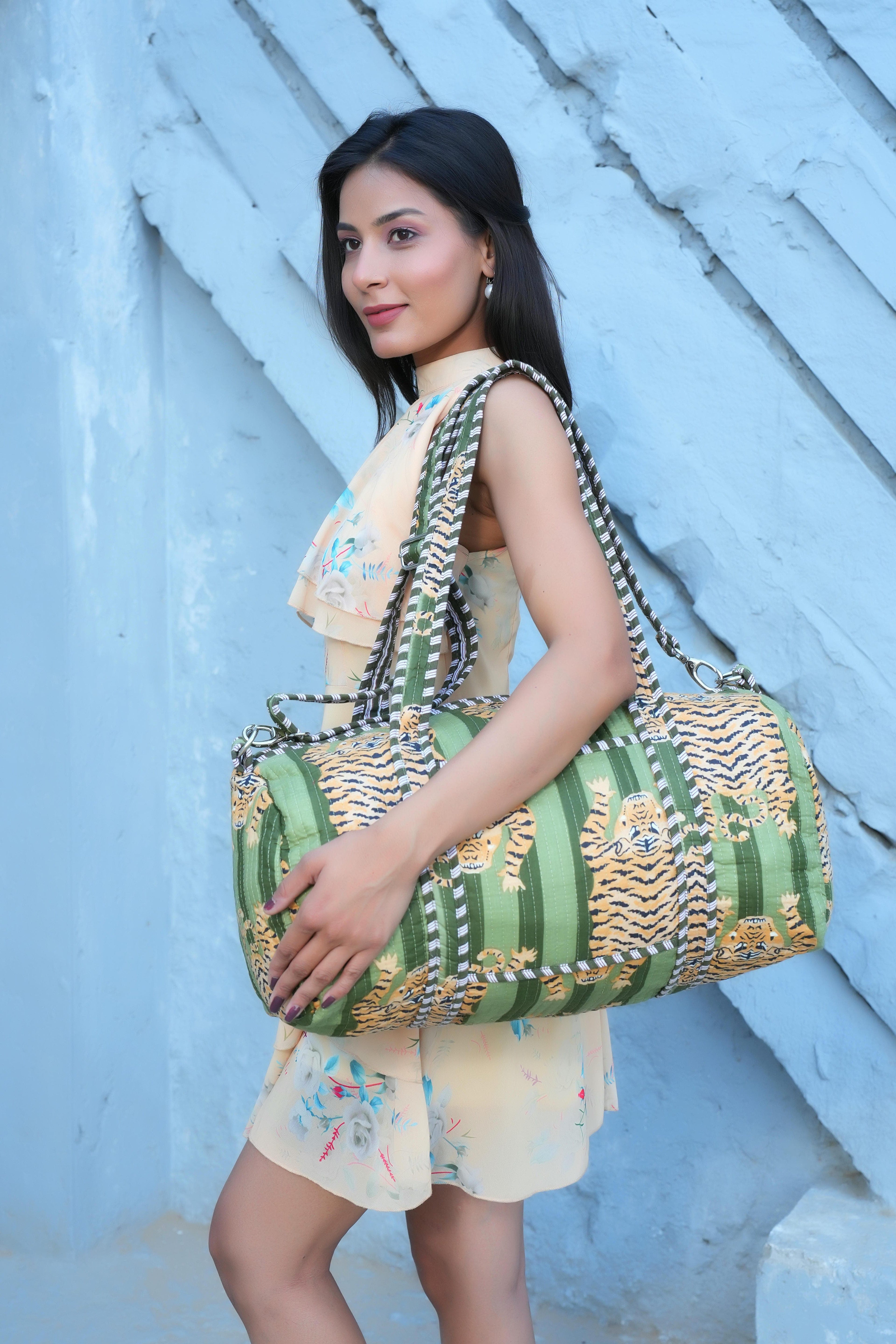 The Tibetan Tiger Weekender — handmade hand block printed cotton weekender bag, ethically made in Rajasthan, India