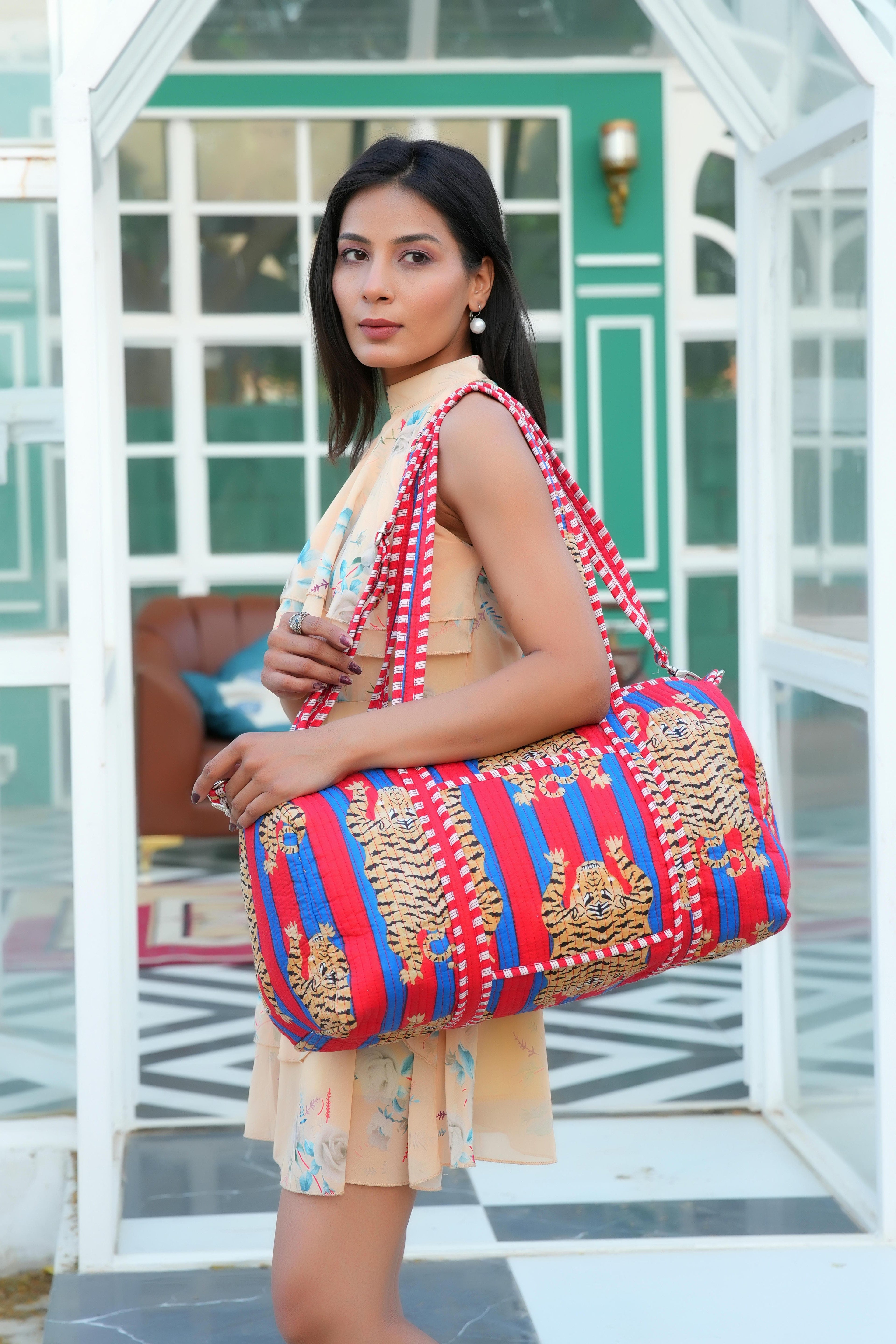 The Tibetan Tiger Weekender — handmade hand block printed cotton weekender bag, ethically made in Rajasthan, India