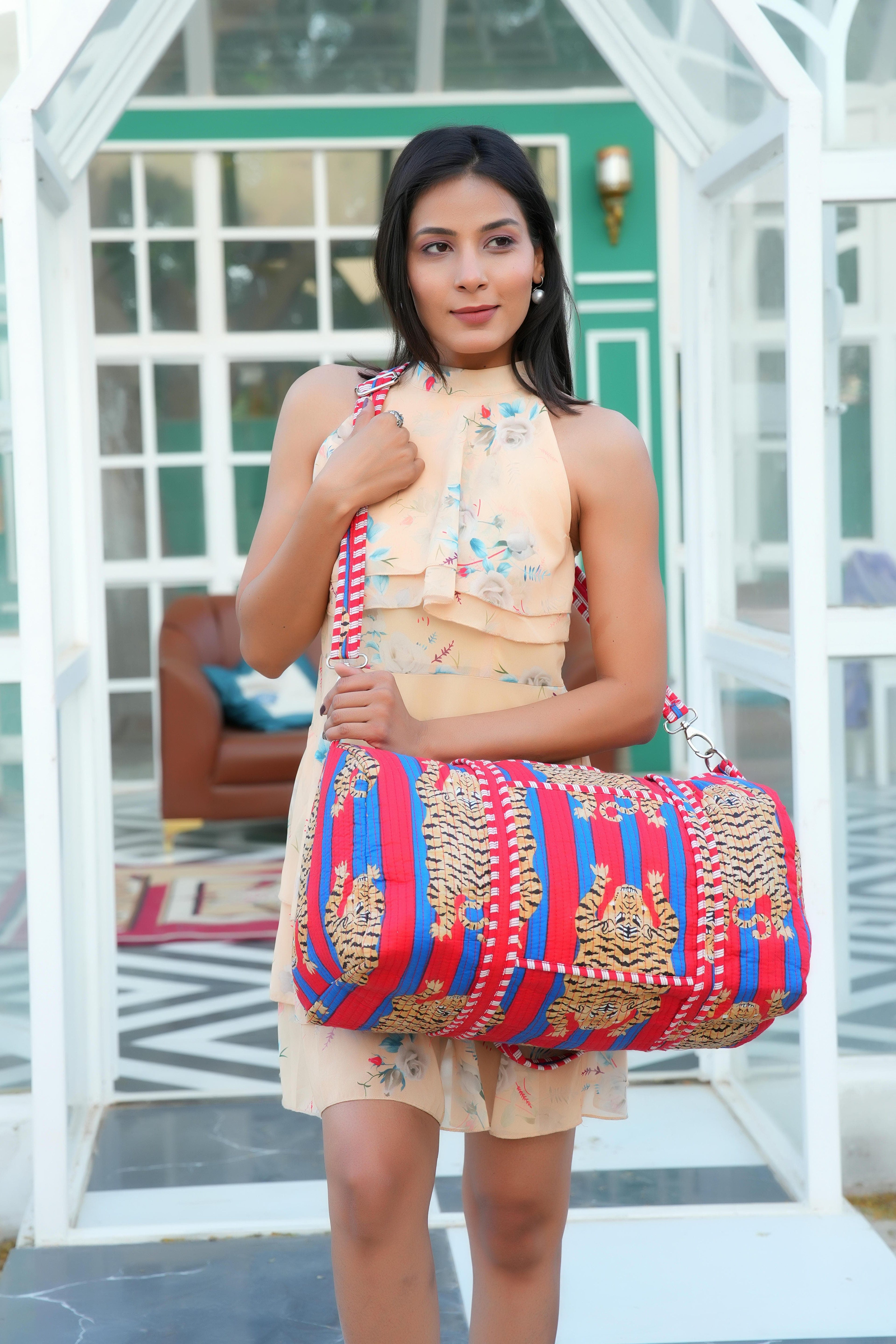 The Tibetan Tiger Weekender — handmade hand block printed cotton weekender bag, ethically made in Rajasthan, India