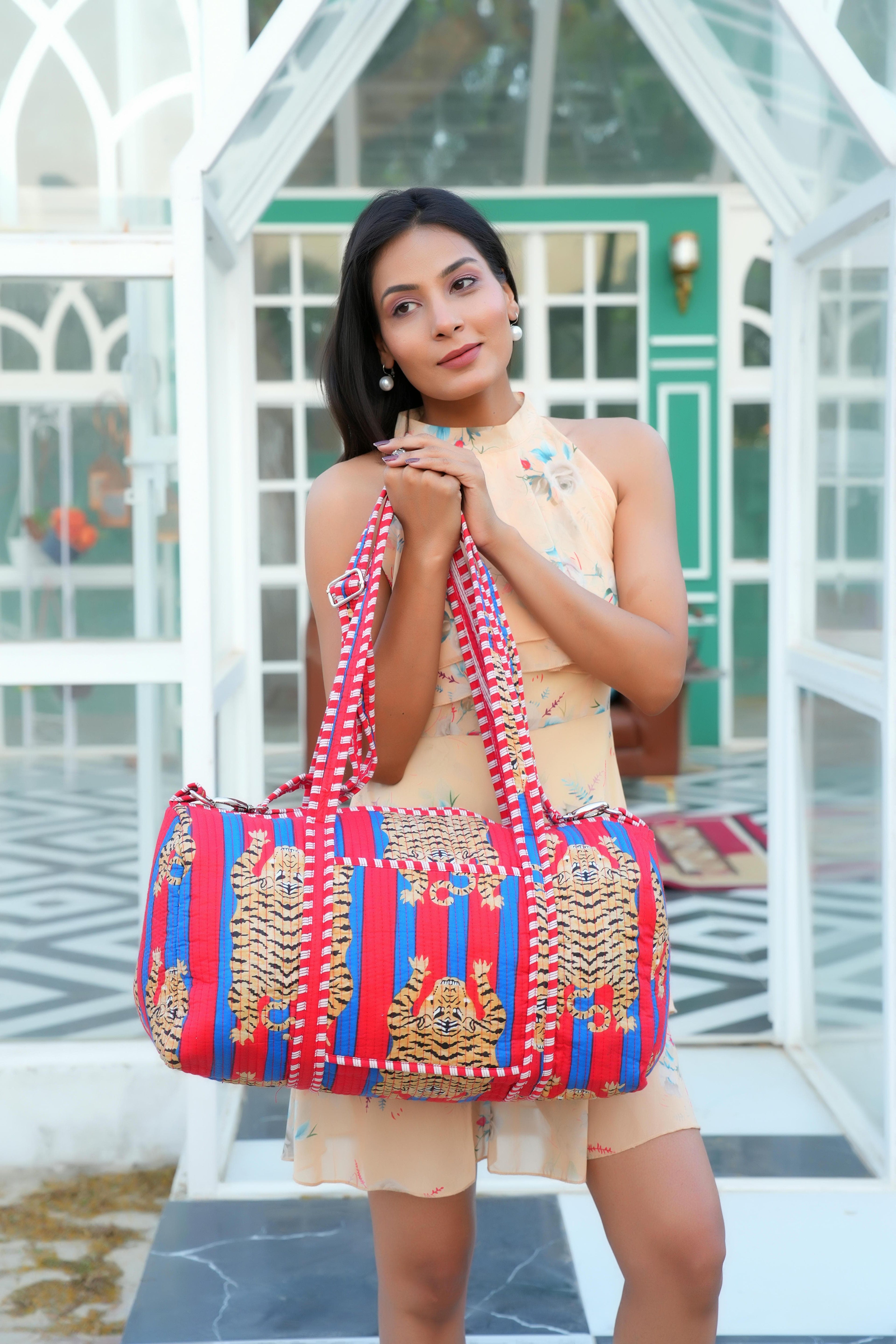 The Tibetan Tiger Weekender — handmade hand block printed cotton weekender bag, ethically made in Rajasthan, India