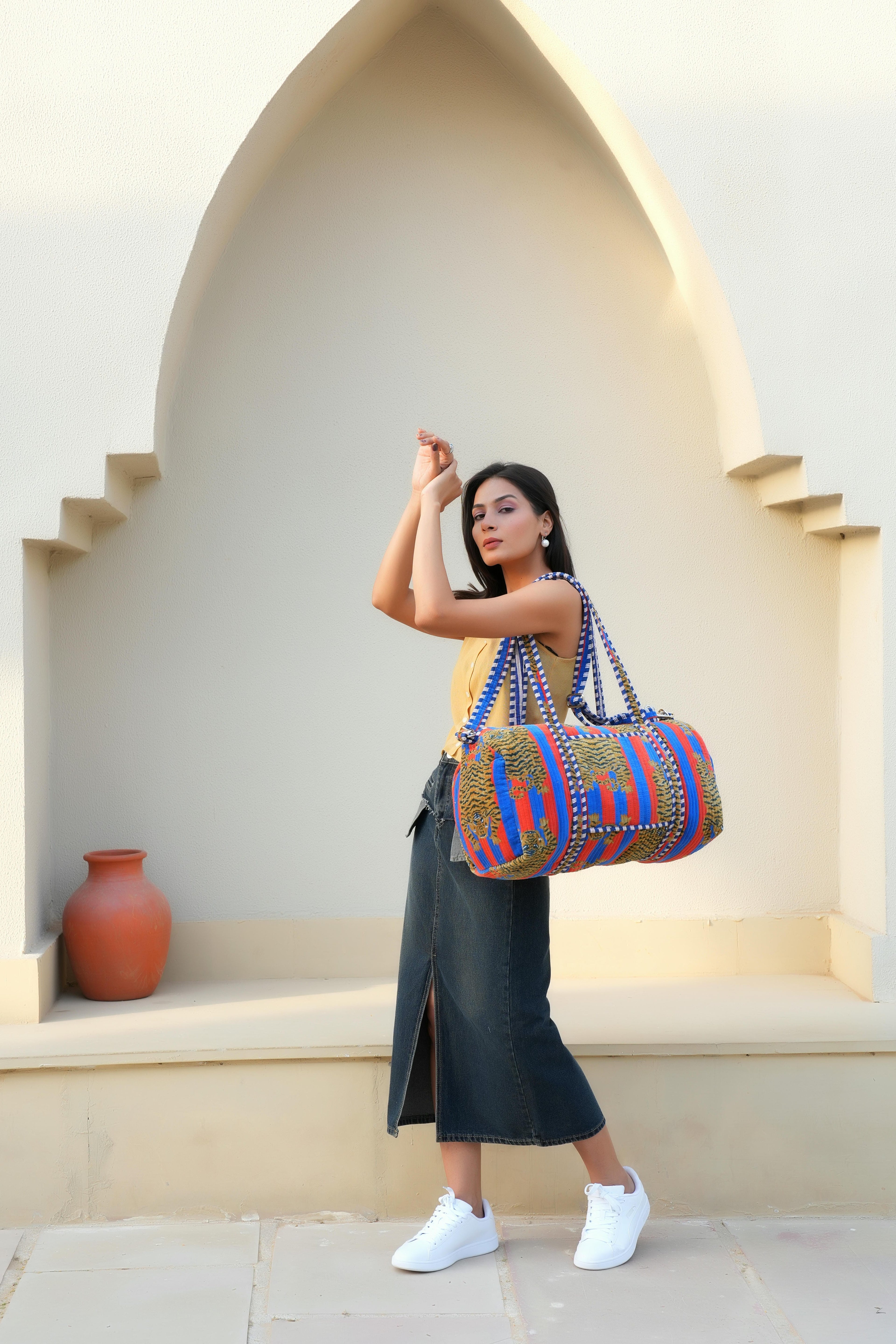 The Tibetan Tiger Velvet Weekender — handmade quilted velvet weekender bag, ethically made in Rajasthan, India