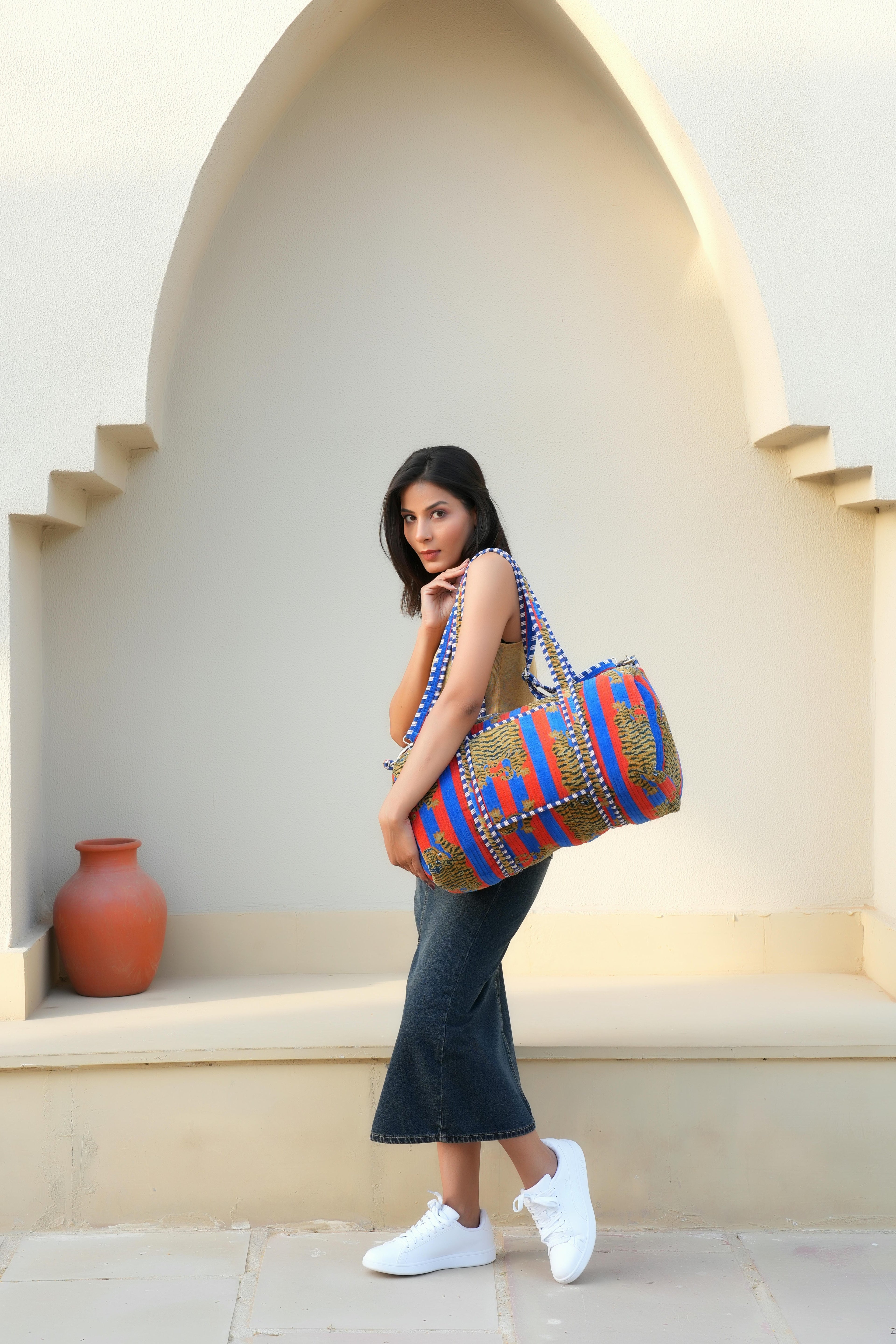 The Tibetan Tiger Velvet Weekender — handmade quilted velvet weekender bag, ethically made in Rajasthan, India