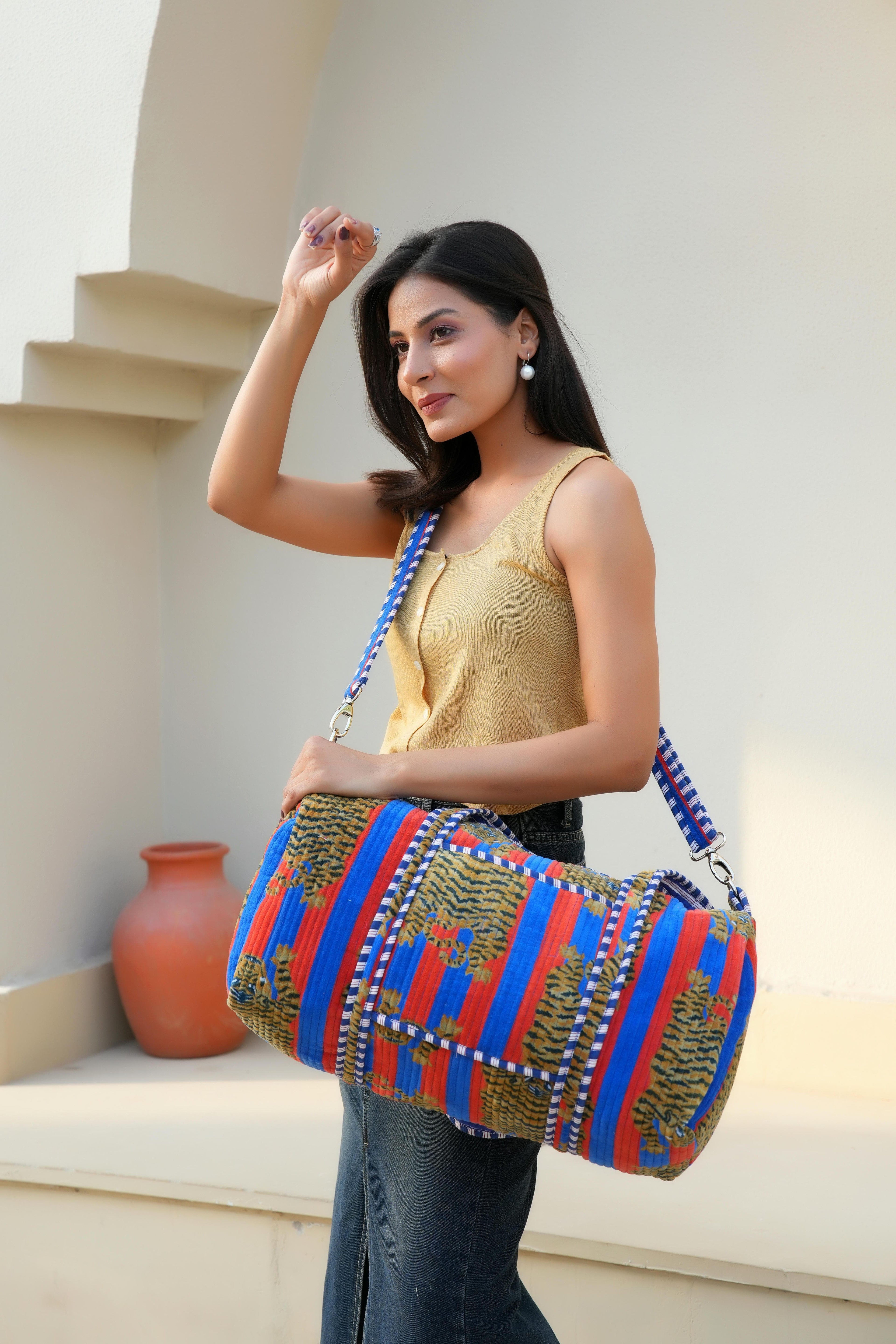 The Tibetan Tiger Velvet Weekender — handmade quilted velvet weekender bag, ethically made in Rajasthan, India