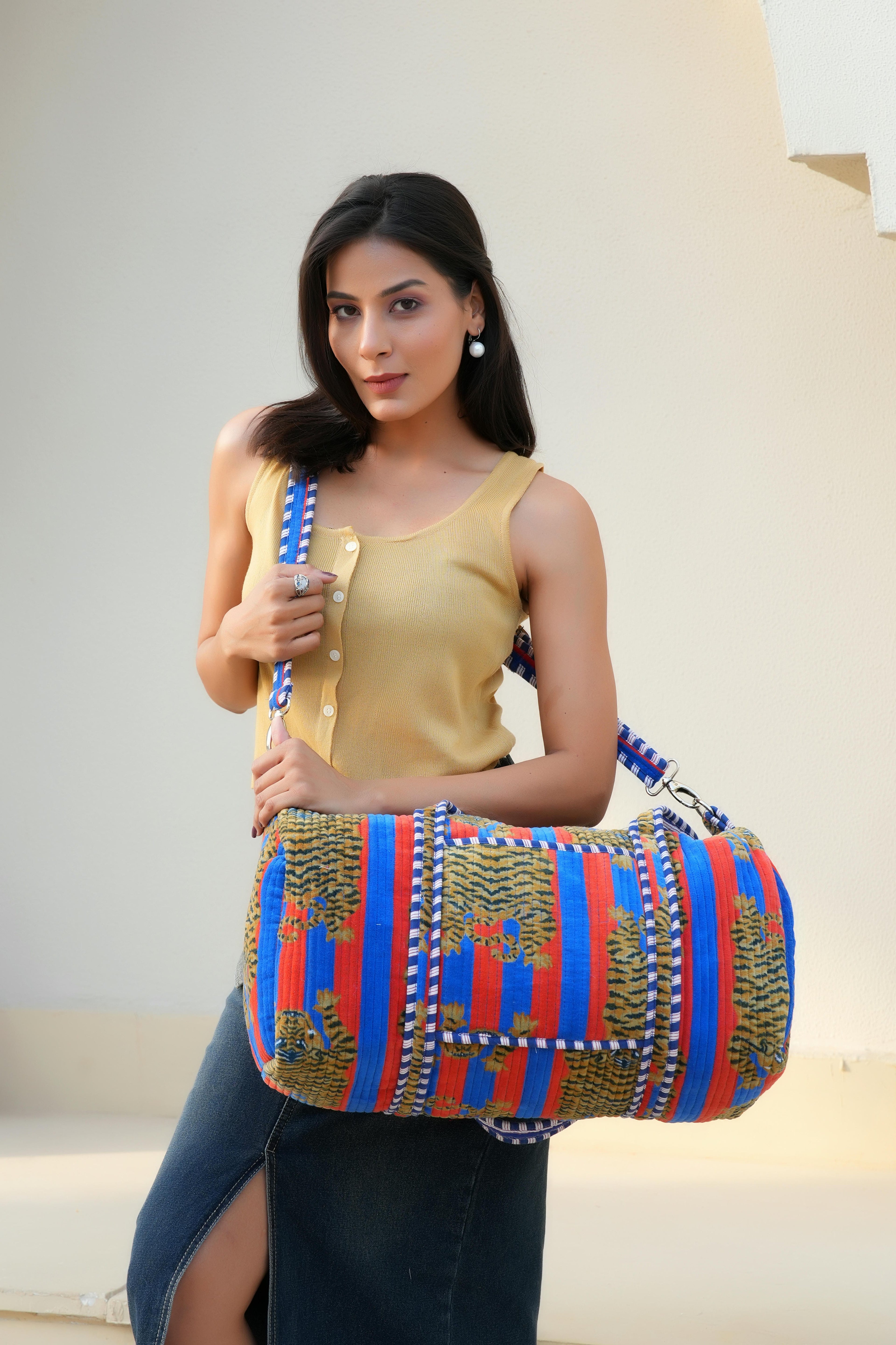 The Tibetan Tiger Velvet Weekender — handmade quilted velvet weekender bag, ethically made in Rajasthan, India