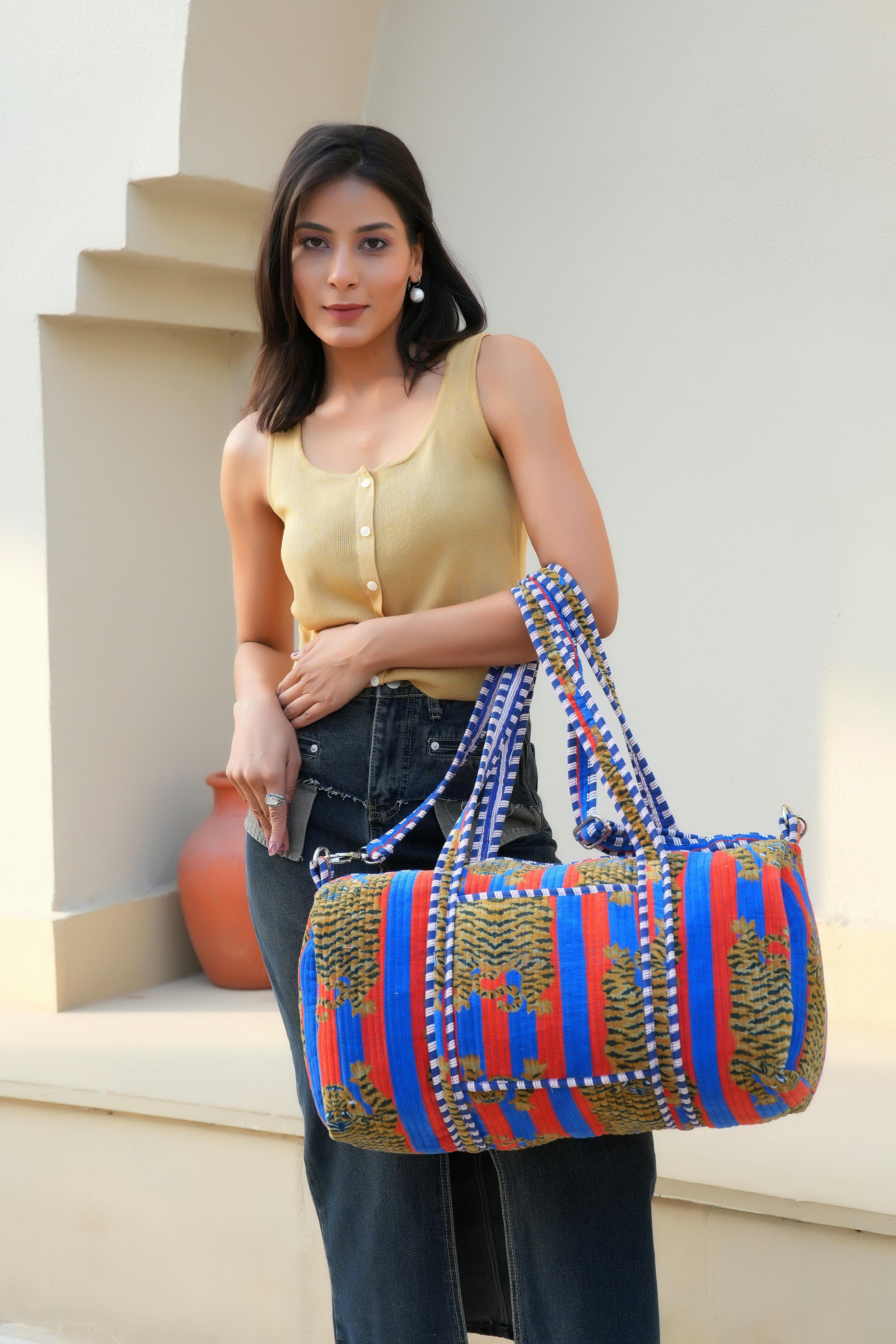 The Tibetan Tiger Velvet Weekender — handmade quilted velvet weekender bag, ethically made in Rajasthan, India