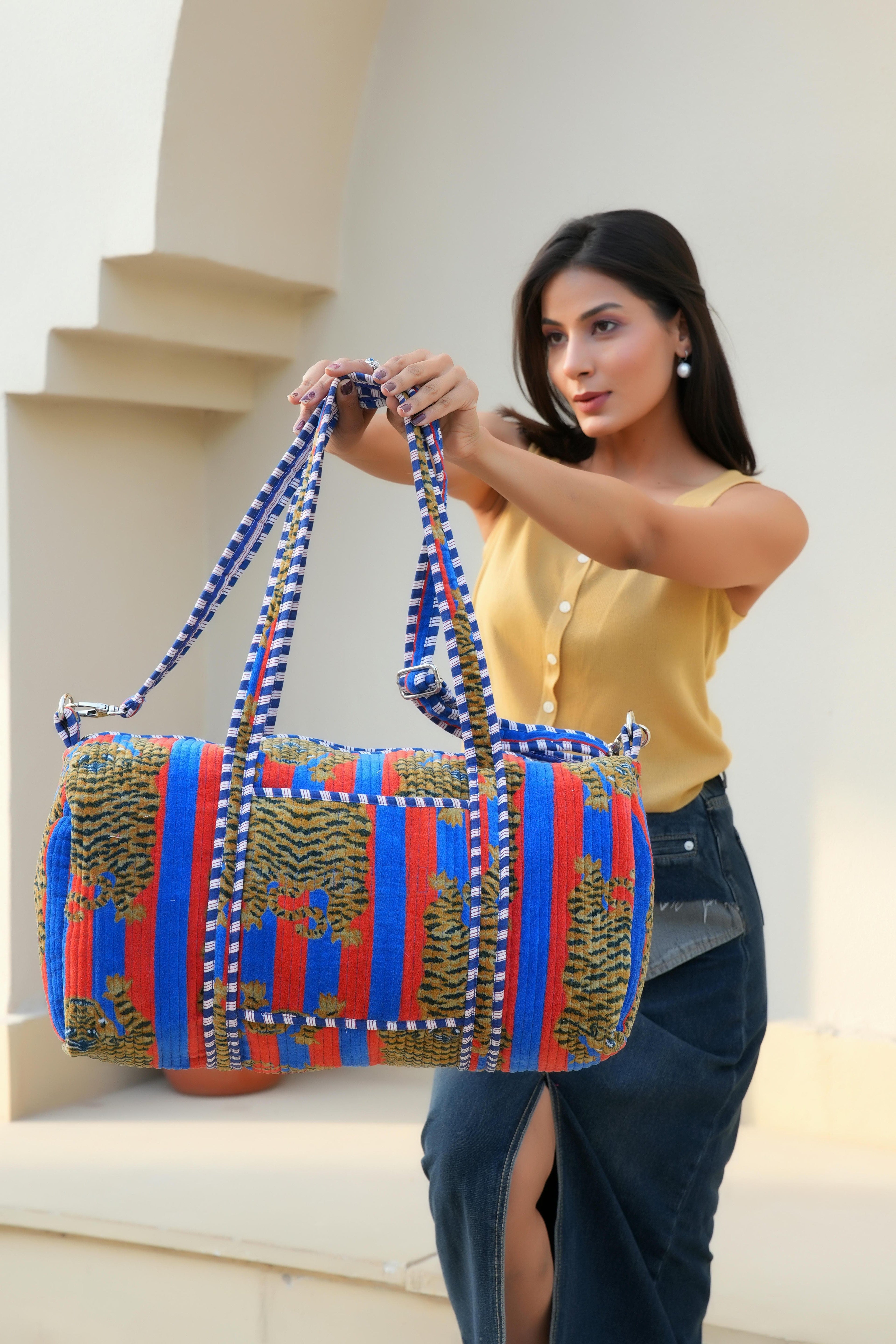 The Tibetan Tiger Velvet Weekender — handmade quilted velvet weekender bag, ethically made in Rajasthan, India
