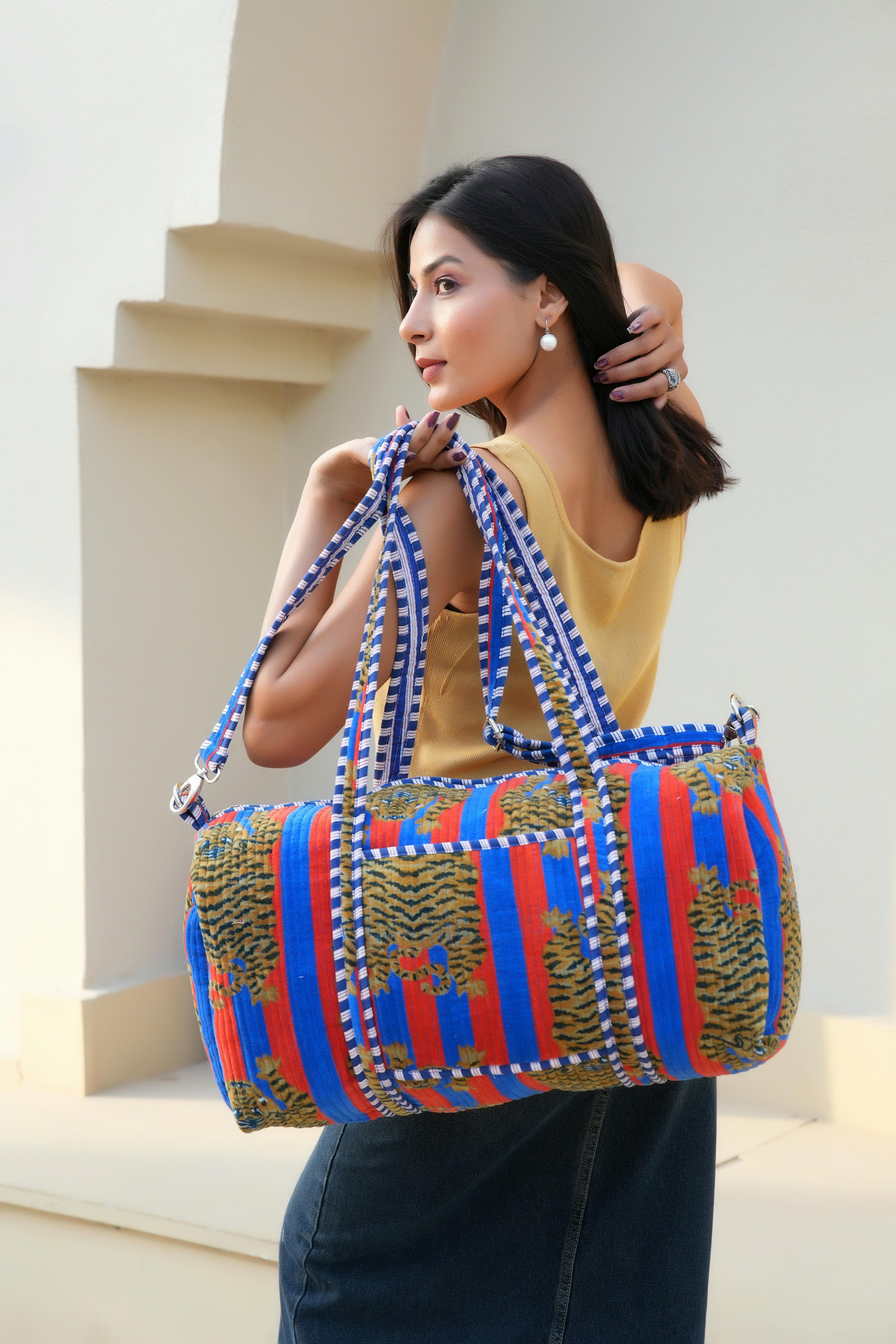 The Tibetan Tiger Velvet Weekender — handmade quilted velvet weekender bag, ethically made in Rajasthan, India
