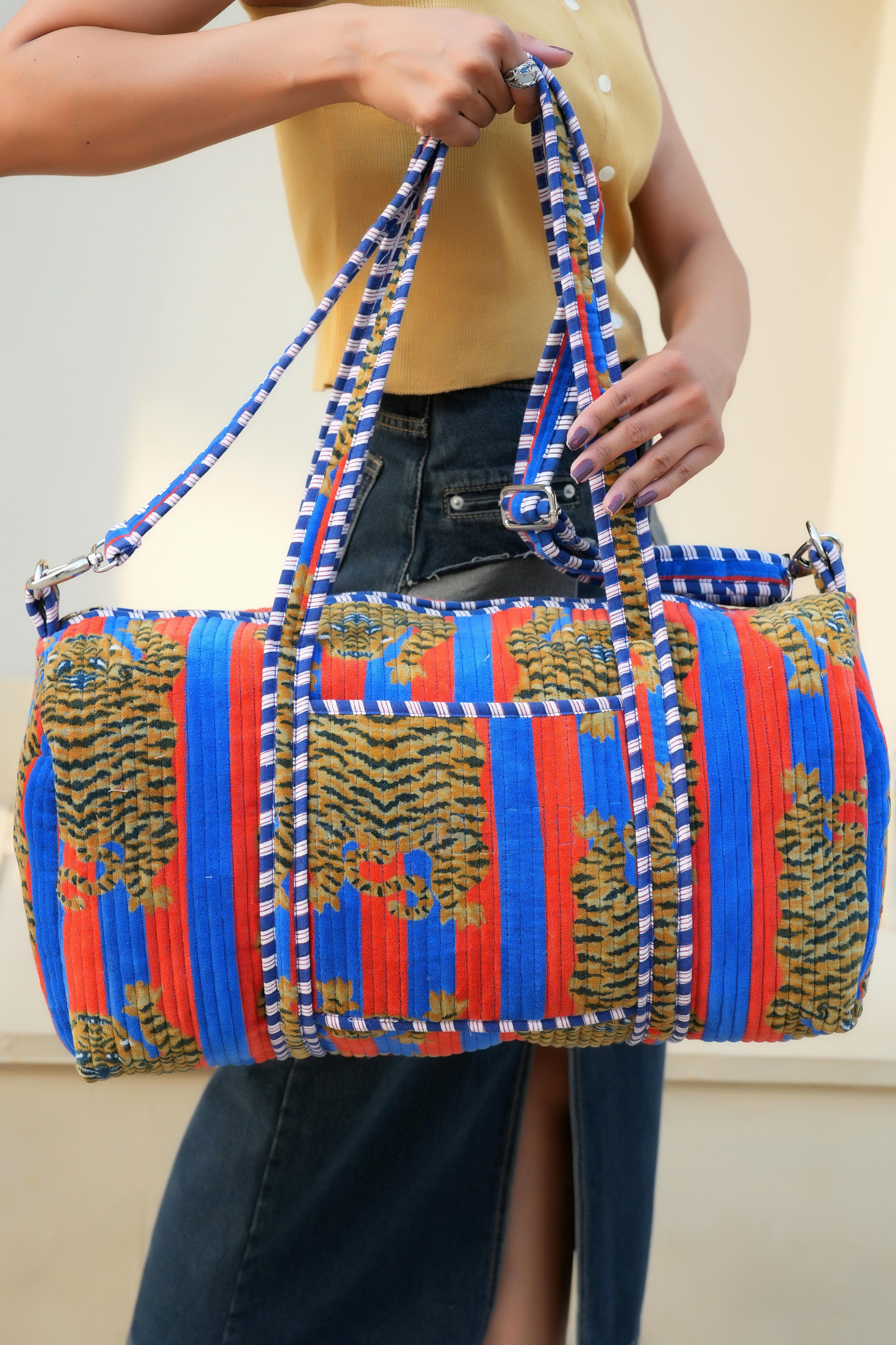 The Tibetan Tiger Velvet Weekender — handmade quilted velvet weekender bag, ethically made in Rajasthan, India