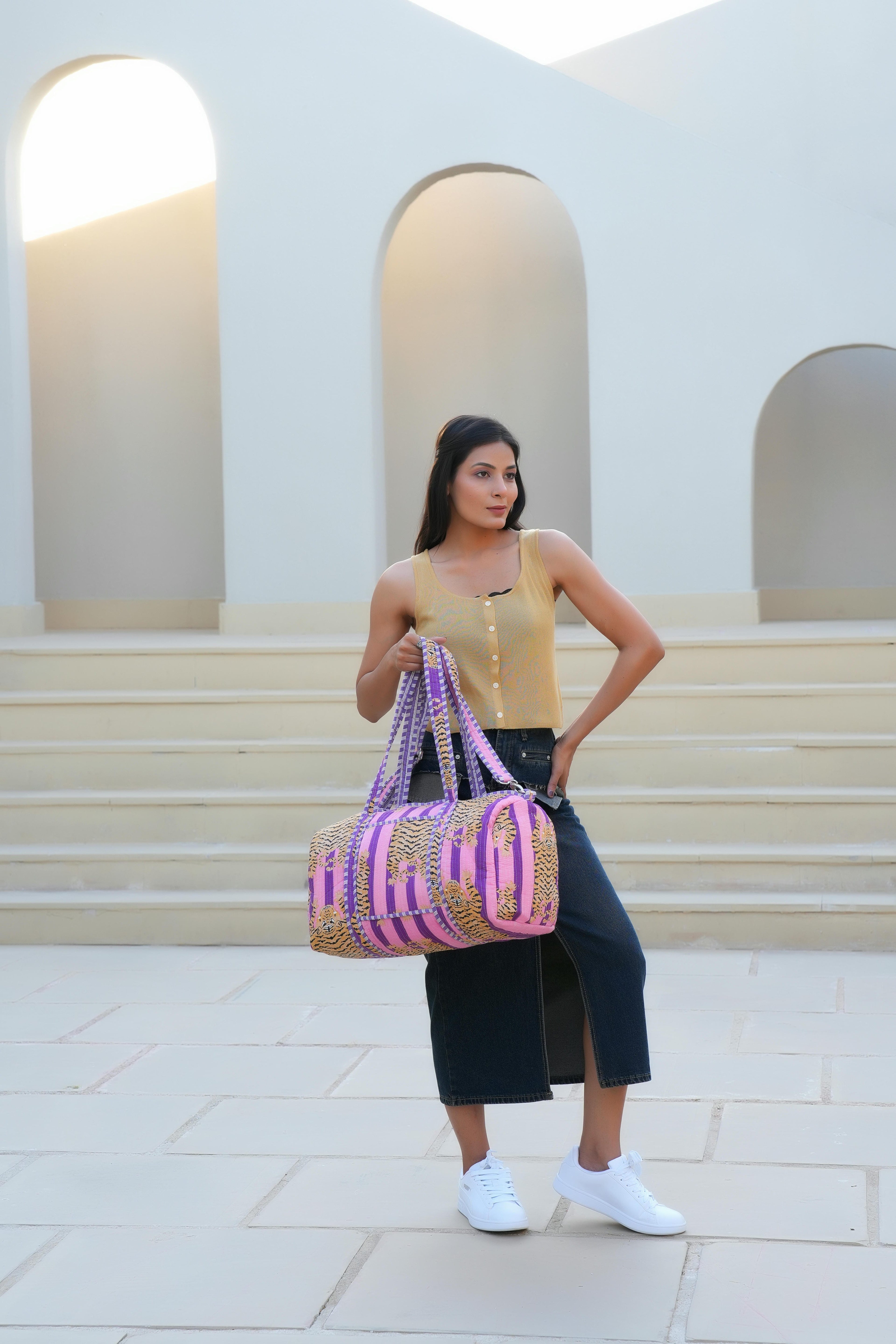 The Tibetan Tiger Weekender — handmade hand block printed cotton weekender bag, ethically made in Rajasthan, India