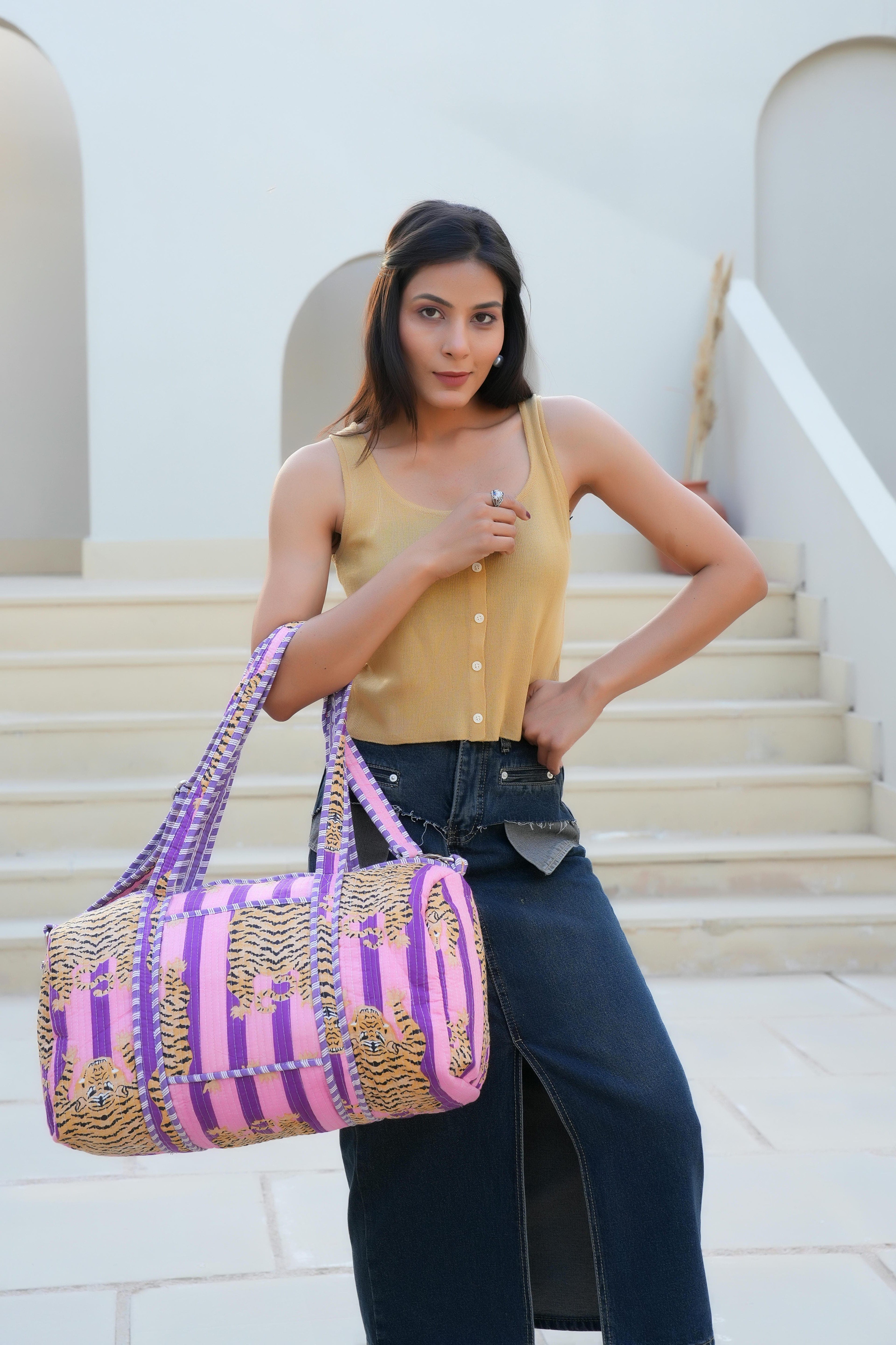 The Tibetan Tiger Weekender — handmade hand block printed cotton weekender bag, ethically made in Rajasthan, India