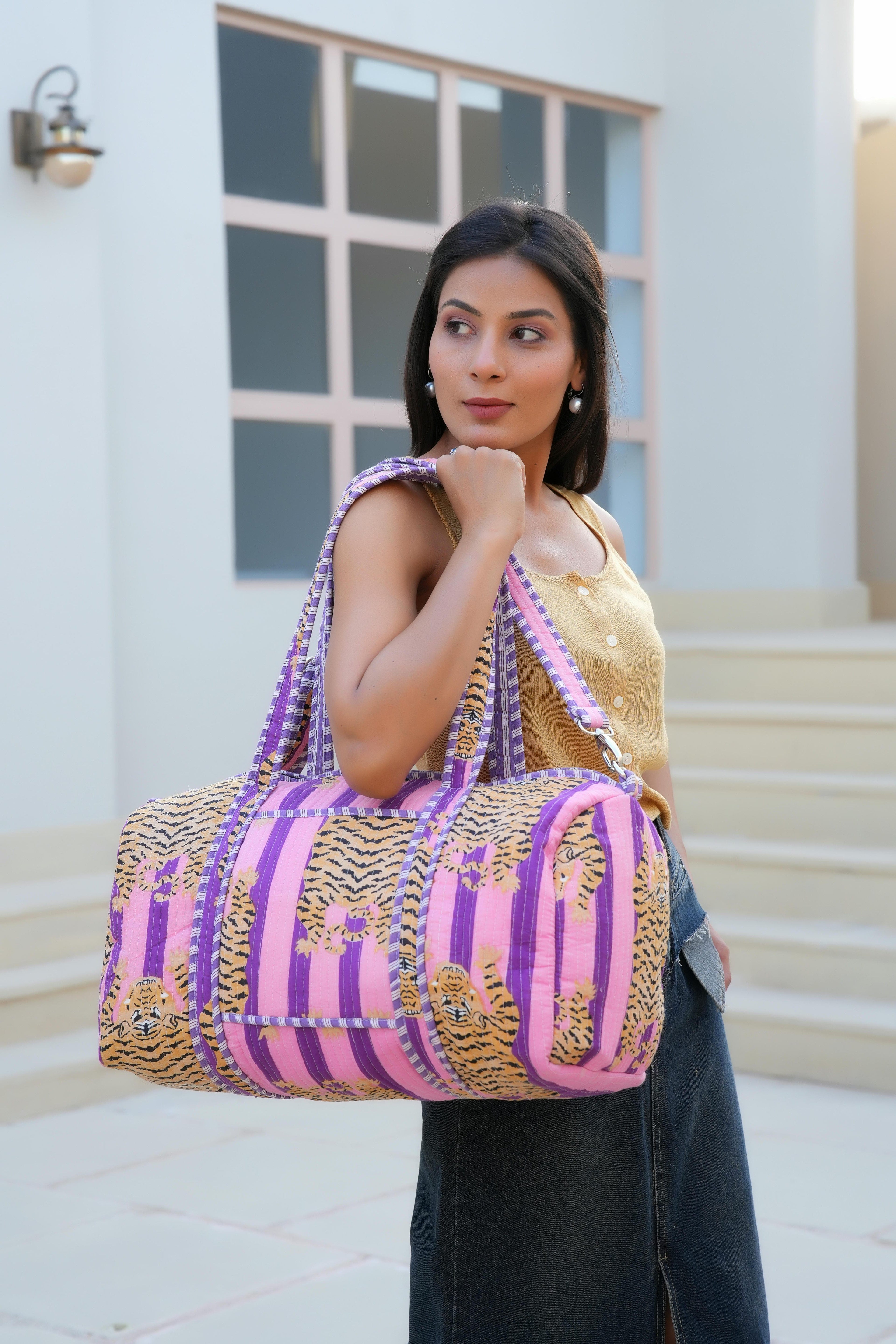 The Tibetan Tiger Weekender — handmade hand block printed cotton weekender bag, ethically made in Rajasthan, India