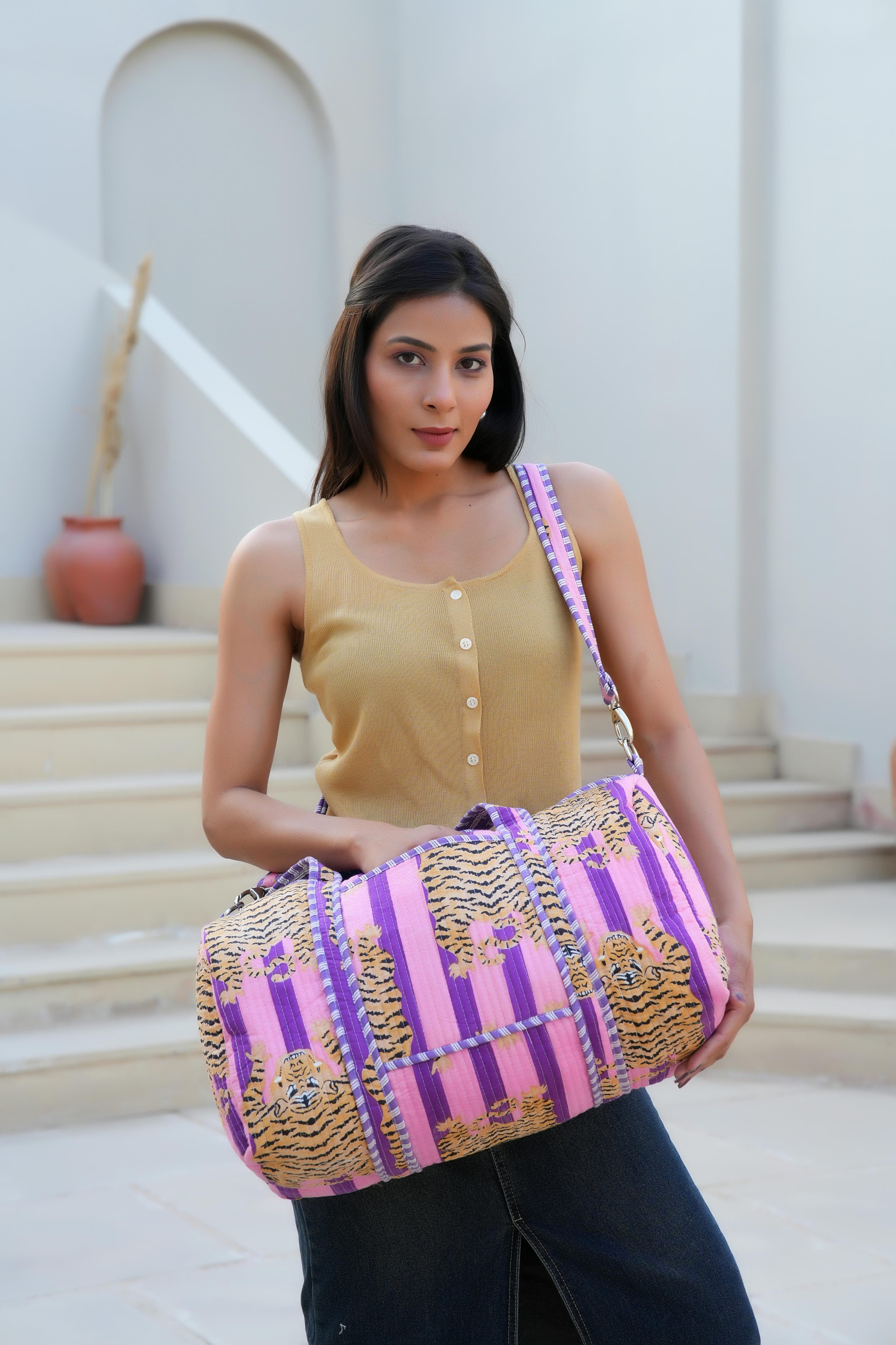 The Tibetan Tiger Weekender — handmade hand block printed cotton weekender bag, ethically made in Rajasthan, India