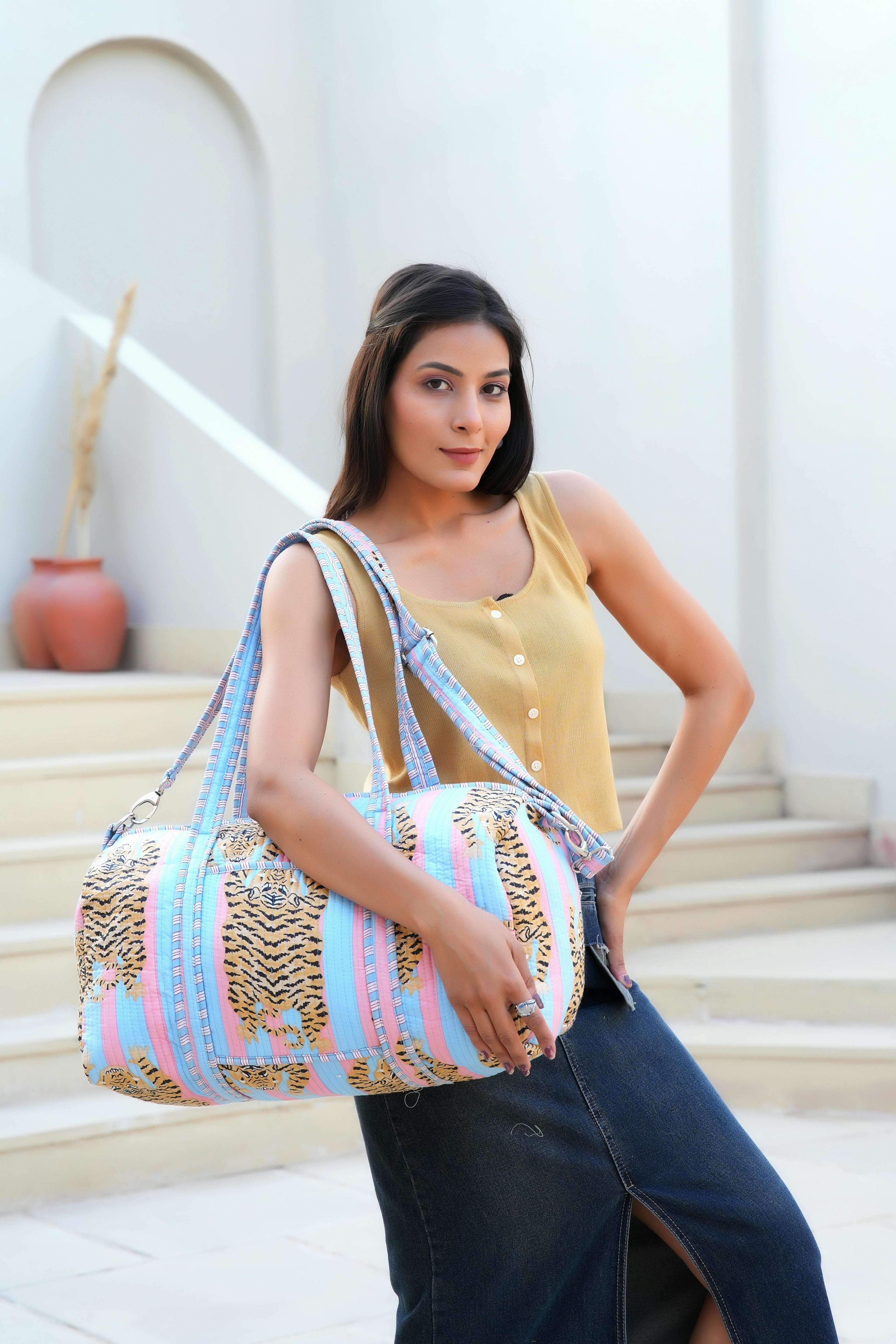 The Tibetan Tiger Weekender — handmade hand block printed cotton weekender bag, ethically made in Rajasthan, India