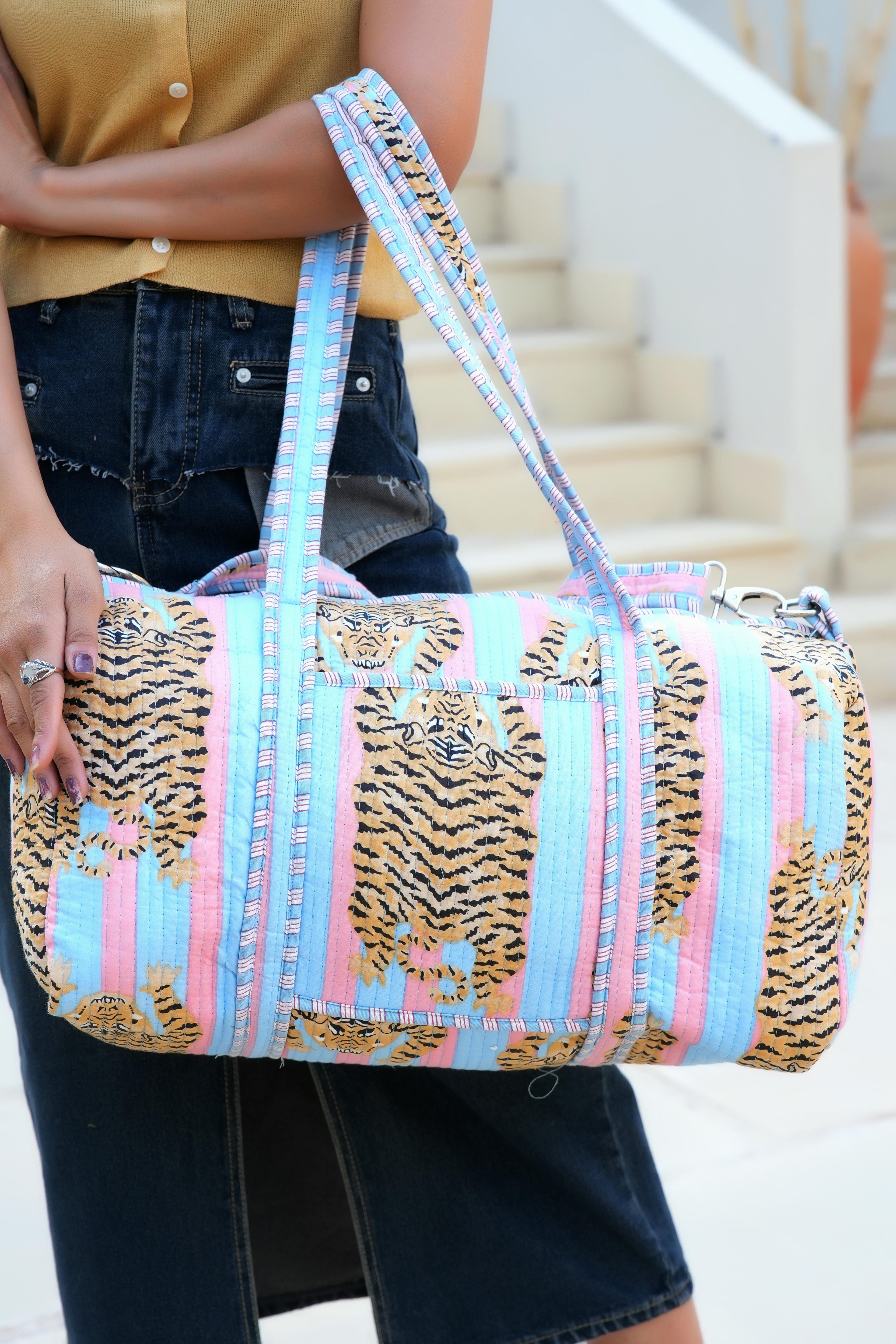 The Tibetan Tiger Weekender — handmade hand block printed cotton weekender bag, ethically made in Rajasthan, India