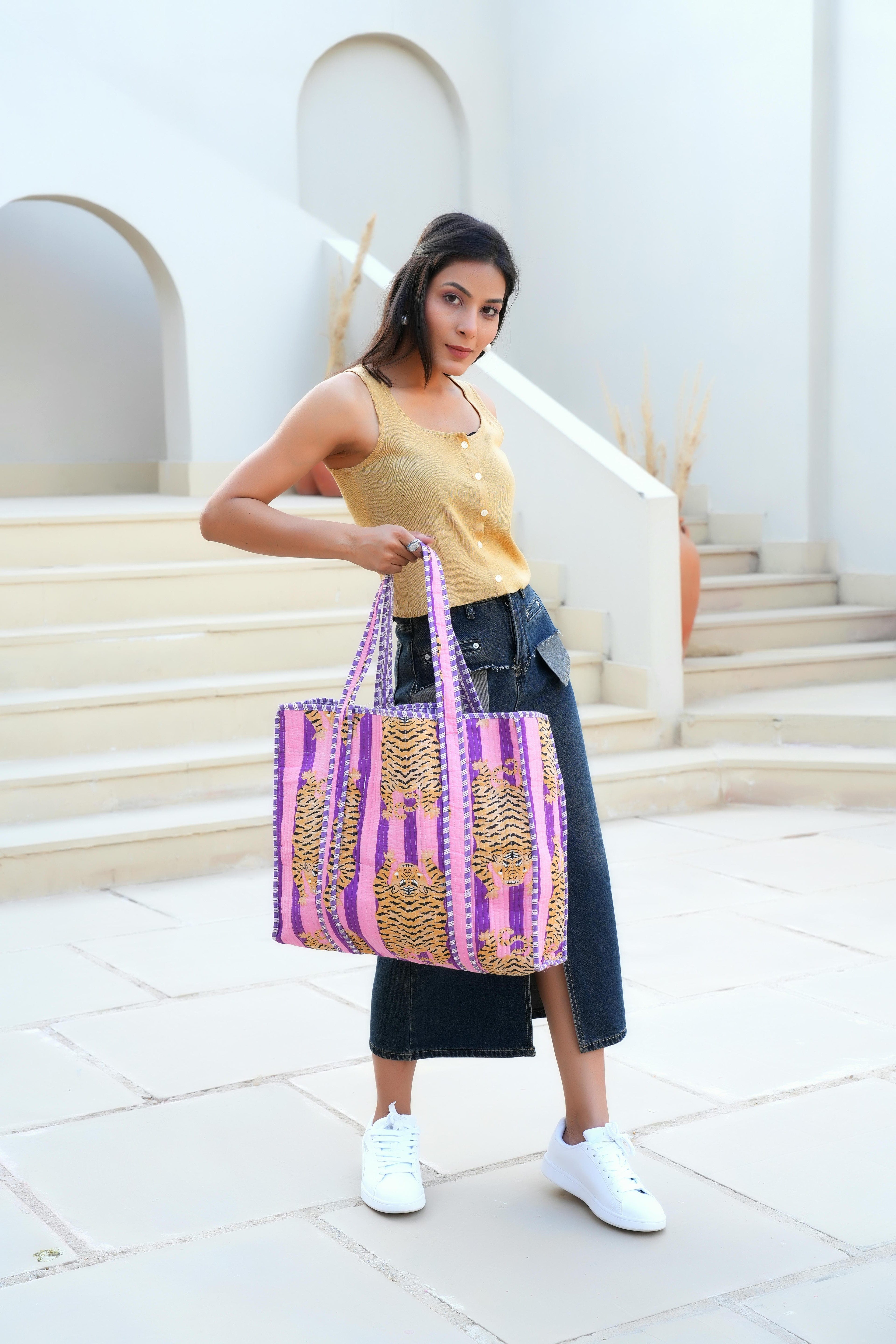 The Tibetan Tiger Tote — handmade hand block printed cotton tote bag, ethically made in Rajasthan, India