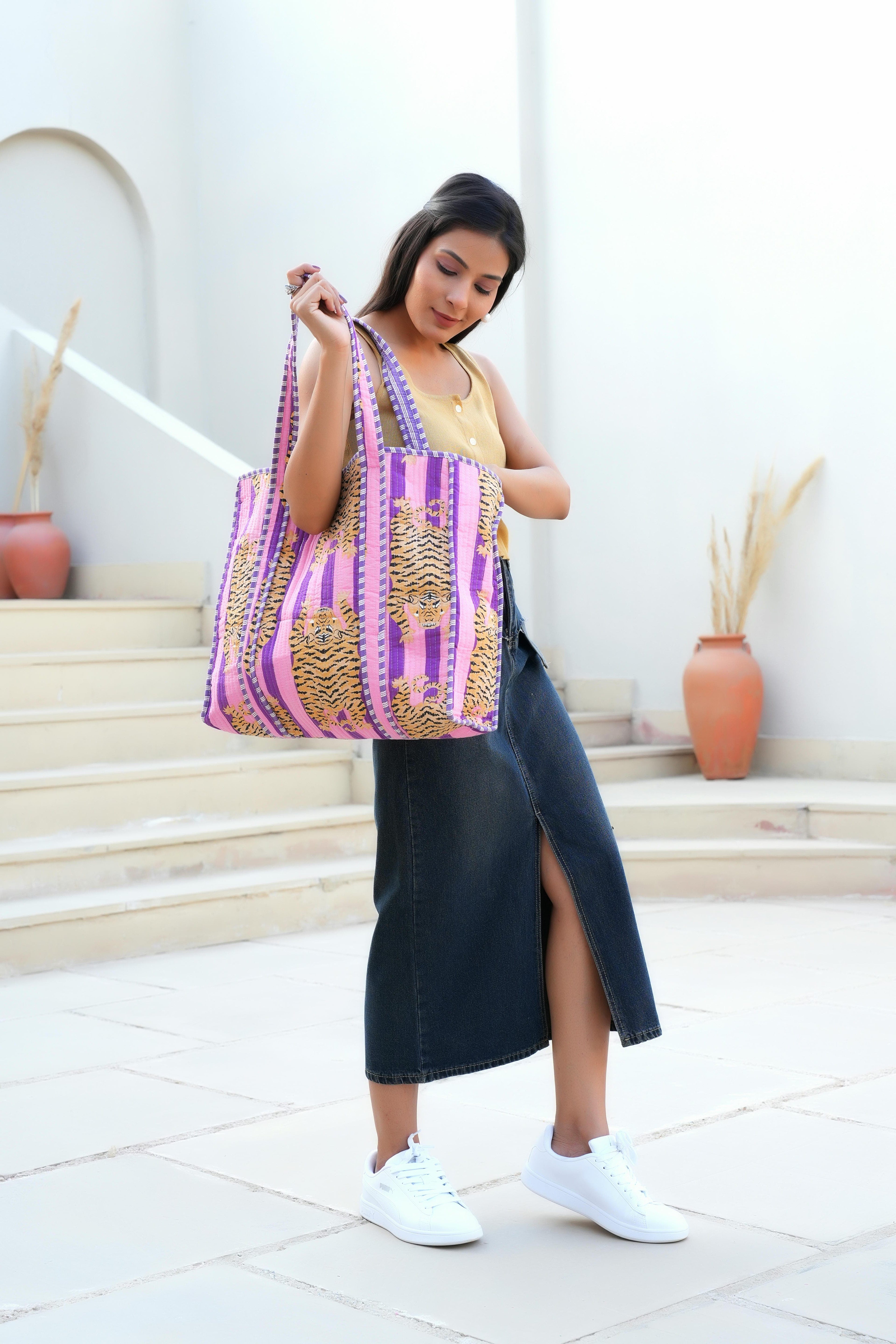 The Tibetan Tiger Tote — handmade hand block printed cotton tote bag, ethically made in Rajasthan, India