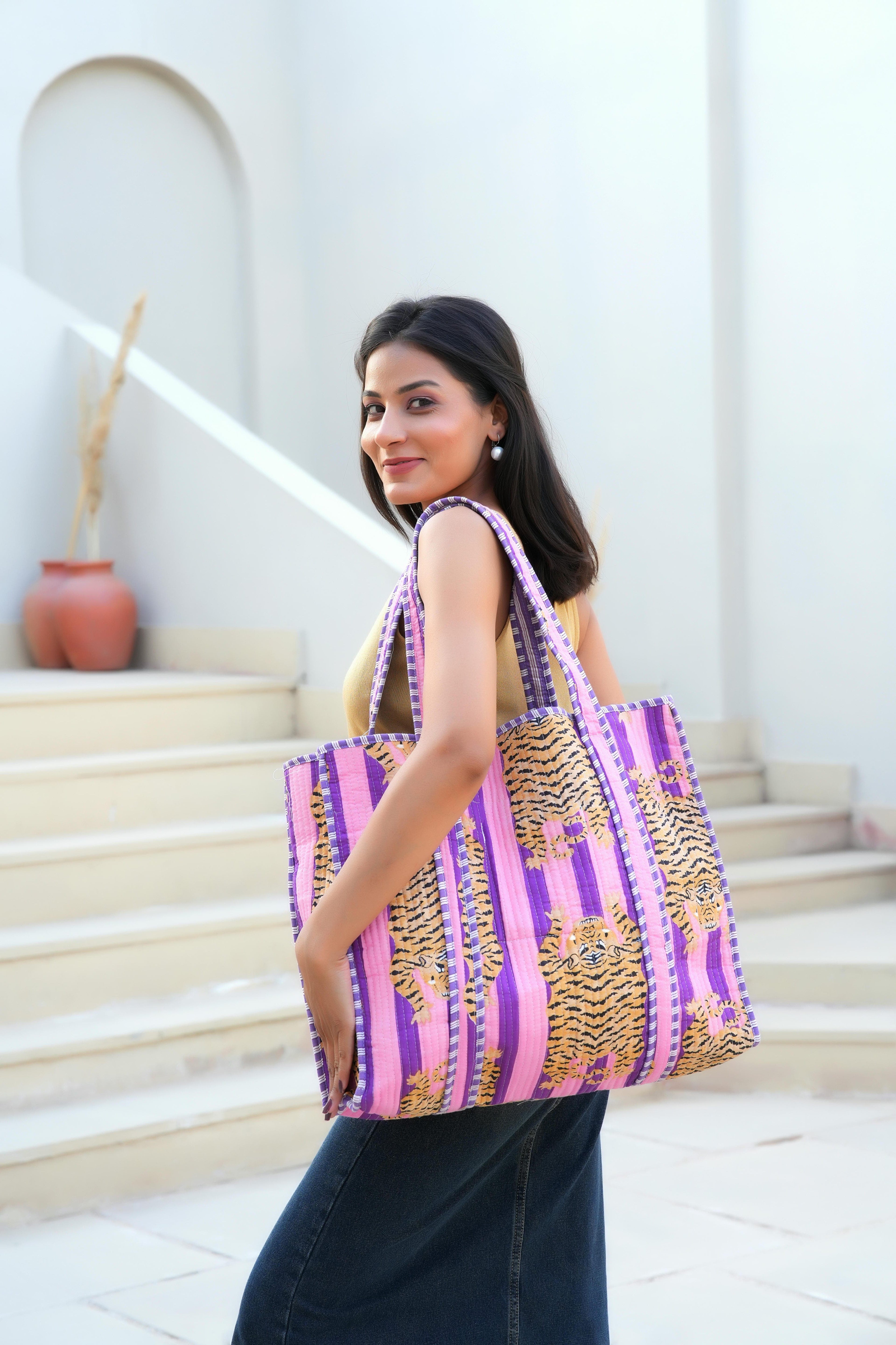 The Tibetan Tiger Tote — handmade hand block printed cotton tote bag, ethically made in Rajasthan, India