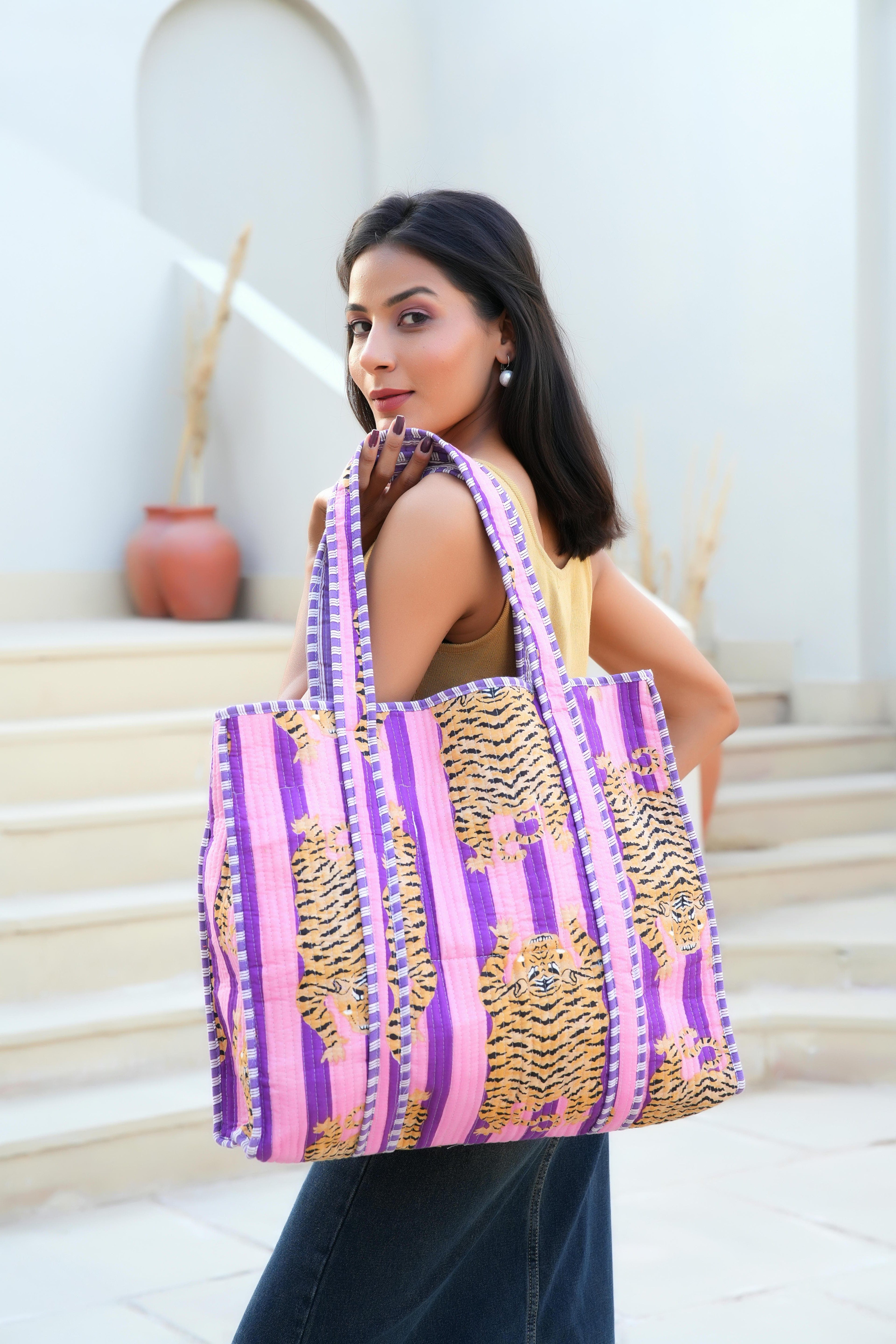 The Tibetan Tiger Tote — handmade hand block printed cotton tote bag, ethically made in Rajasthan, India