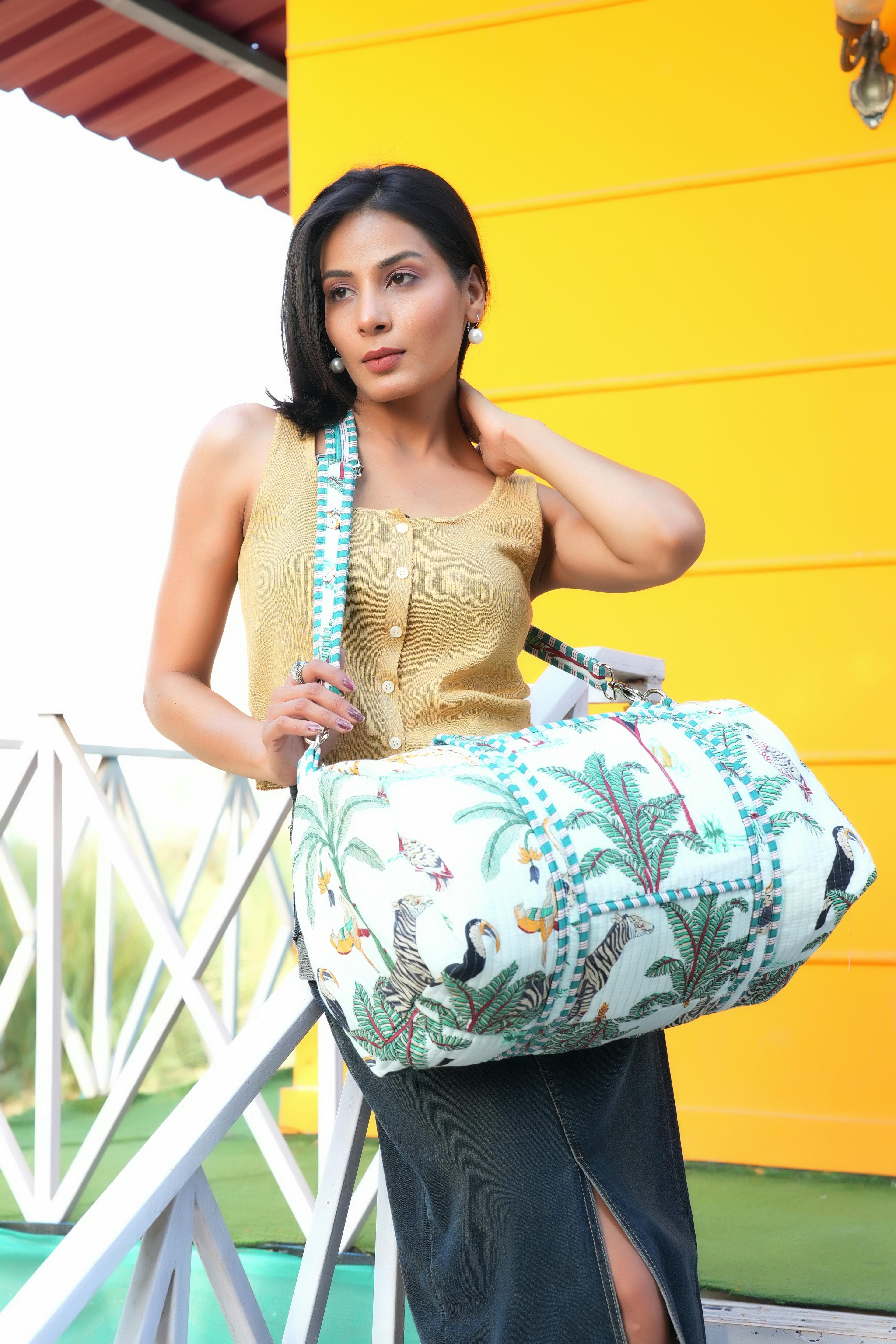 The Jungle Weekender — handmade hand block printed cotton weekender bag, ethically made in Rajasthan, India