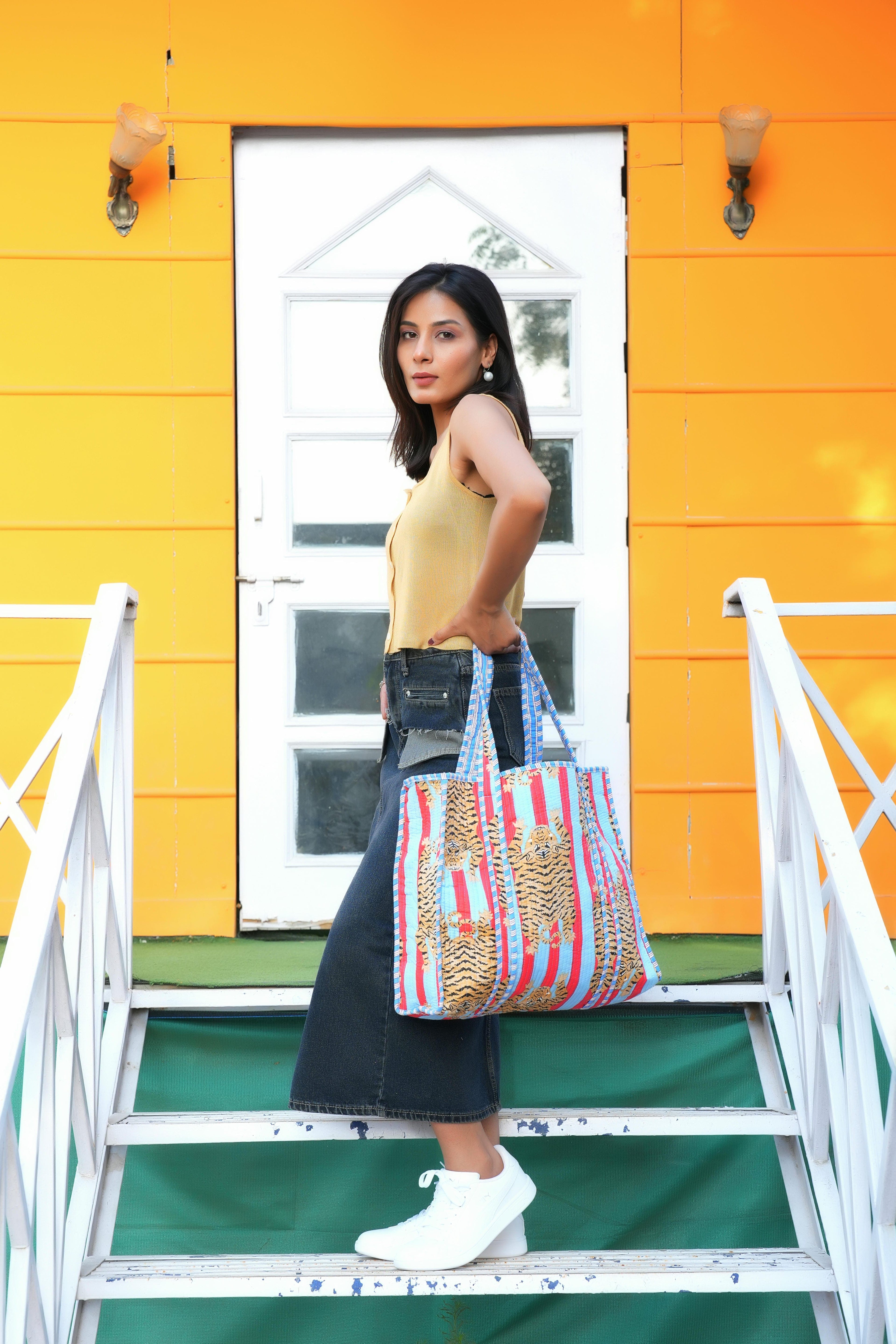 The Tibetan Tiger Tote — handmade hand block printed cotton tote bag, ethically made in Rajasthan, India