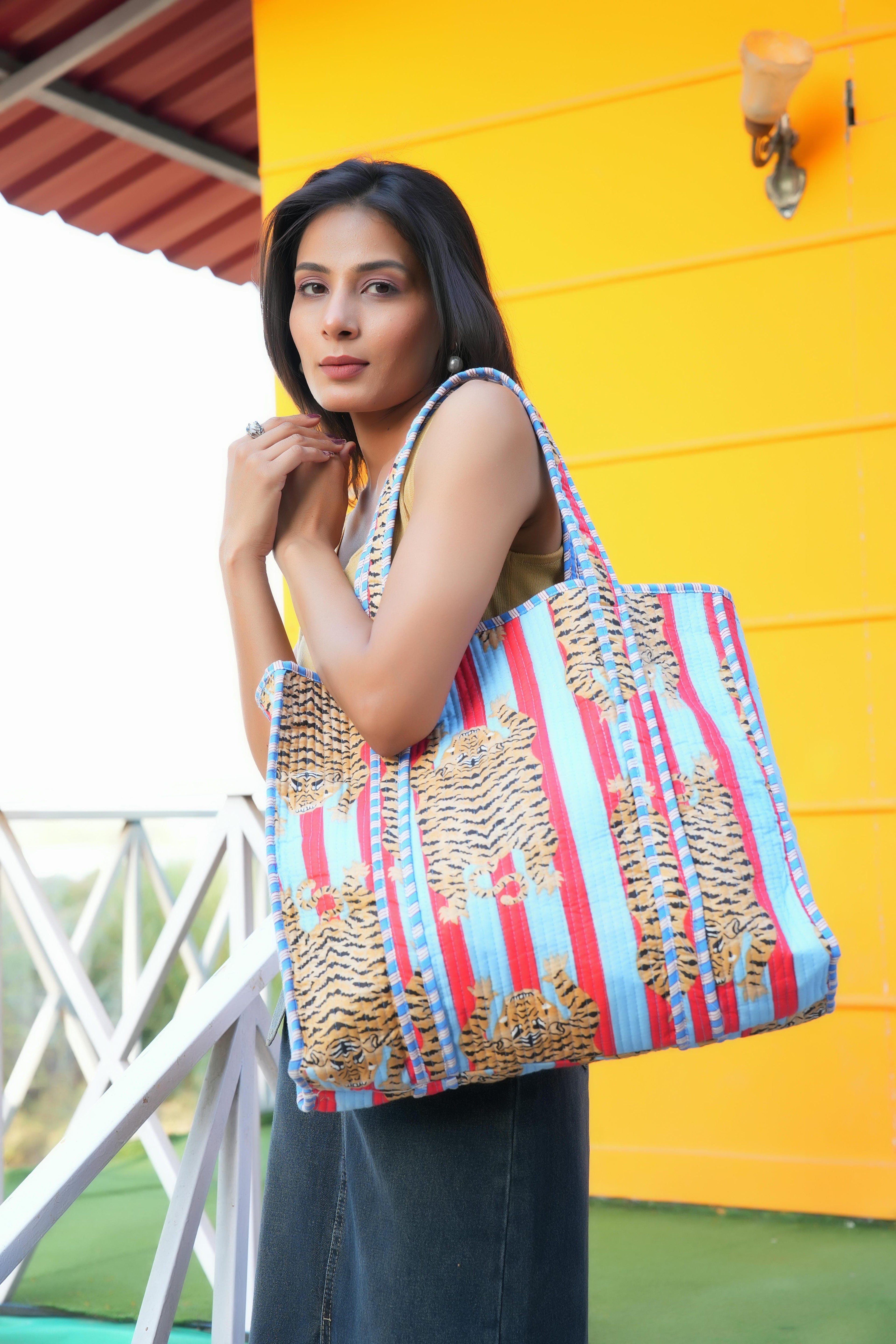 The Tibetan Tiger Tote — handmade hand block printed cotton tote bag, ethically made in Rajasthan, India