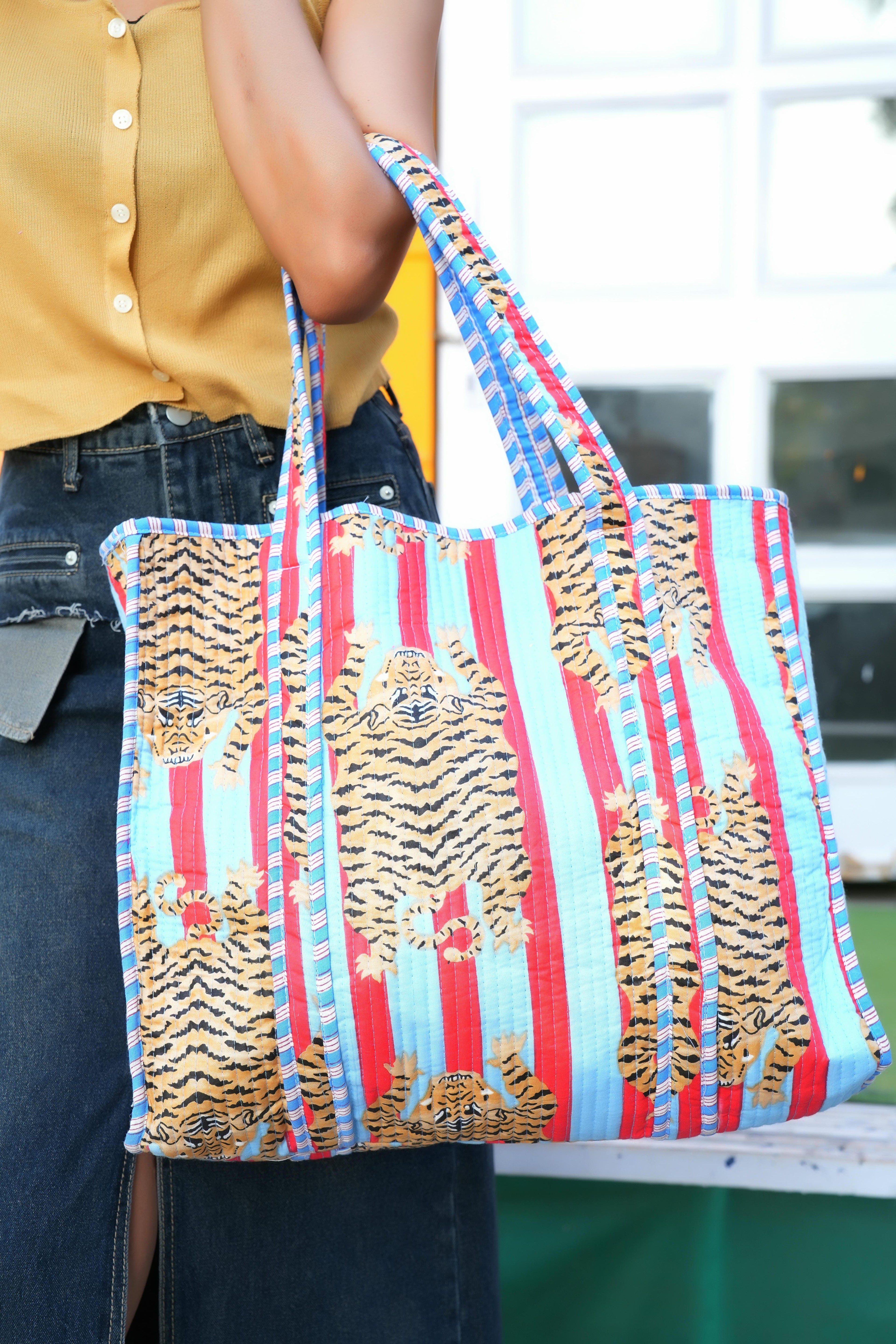 The Tibetan Tiger Tote — handmade hand block printed cotton tote bag, ethically made in Rajasthan, India