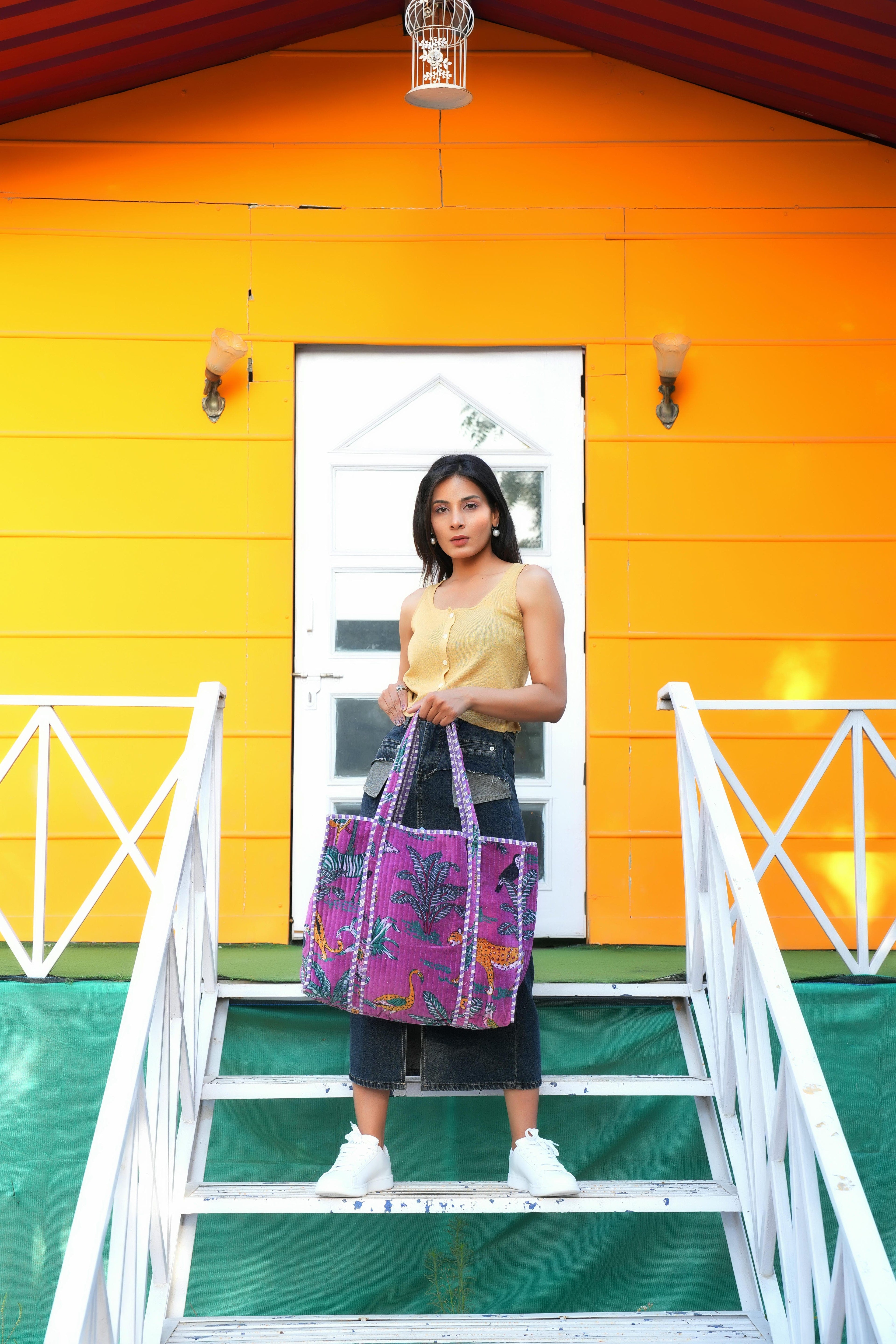 The Jungle Tote in Velvet — handmade quilted velvet tote bag, ethically made in Rajasthan, India