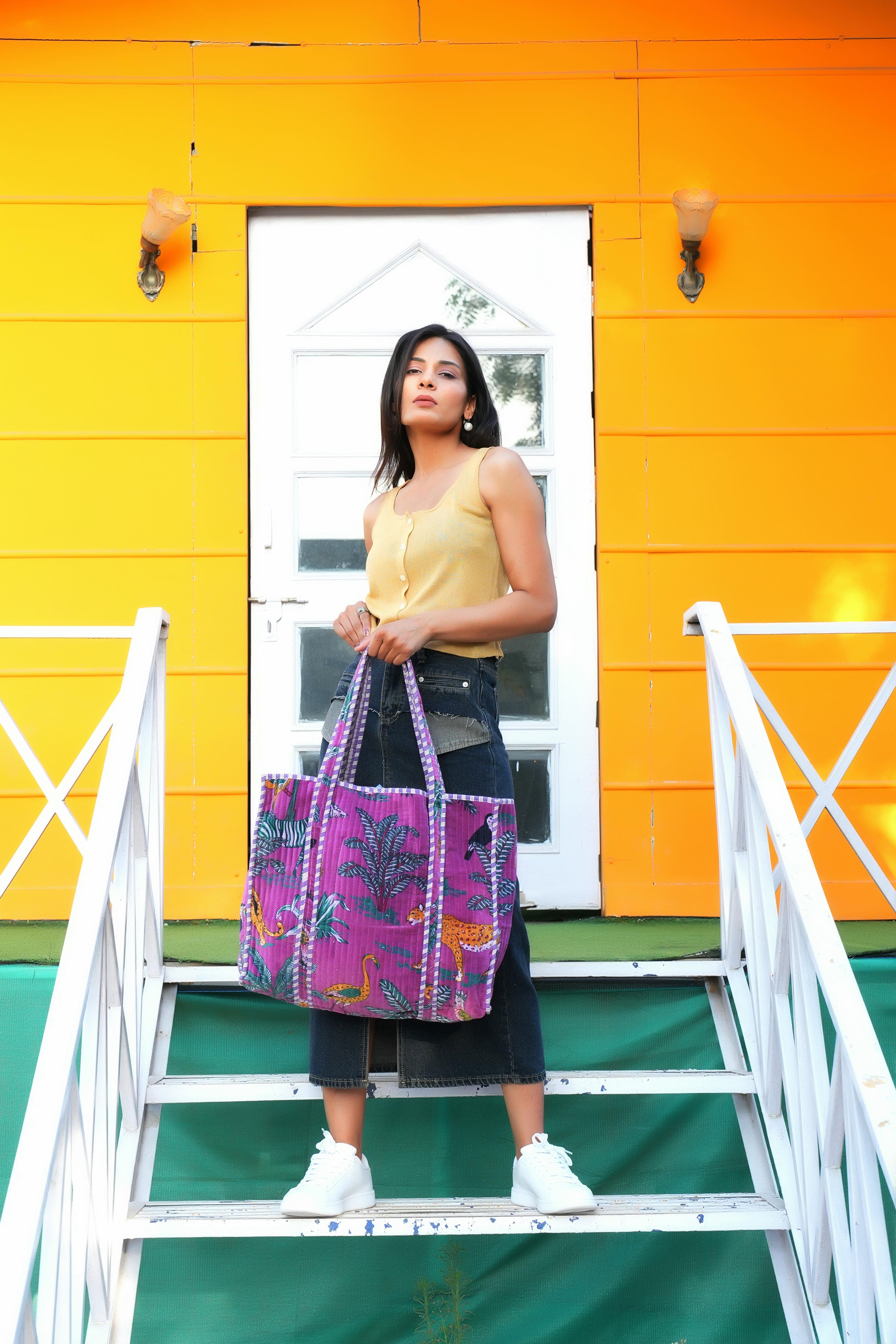 The Jungle Tote in Velvet — handmade quilted velvet tote bag, ethically made in Rajasthan, India