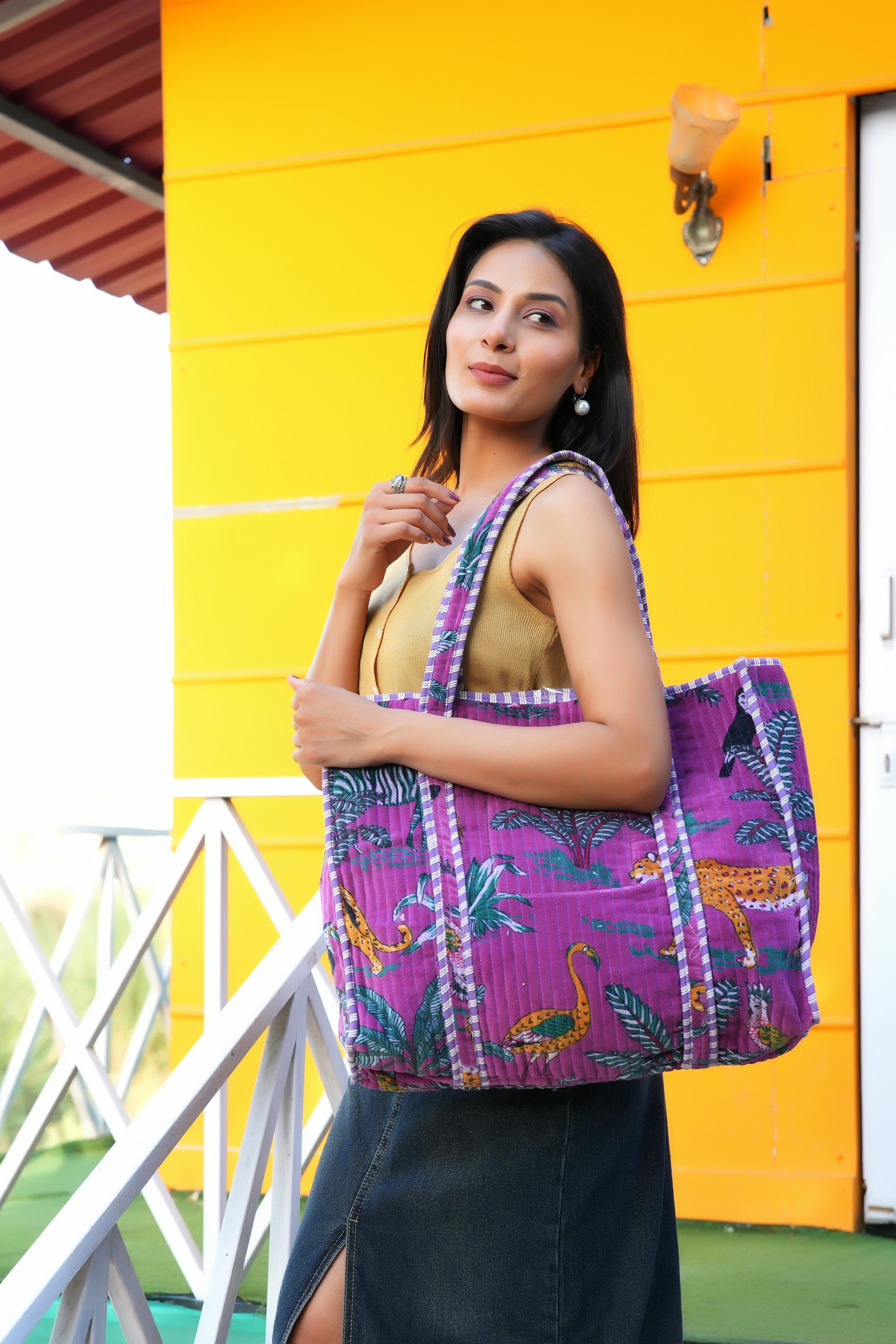 The Jungle Tote in Velvet — handmade quilted velvet tote bag, ethically made in Rajasthan, India