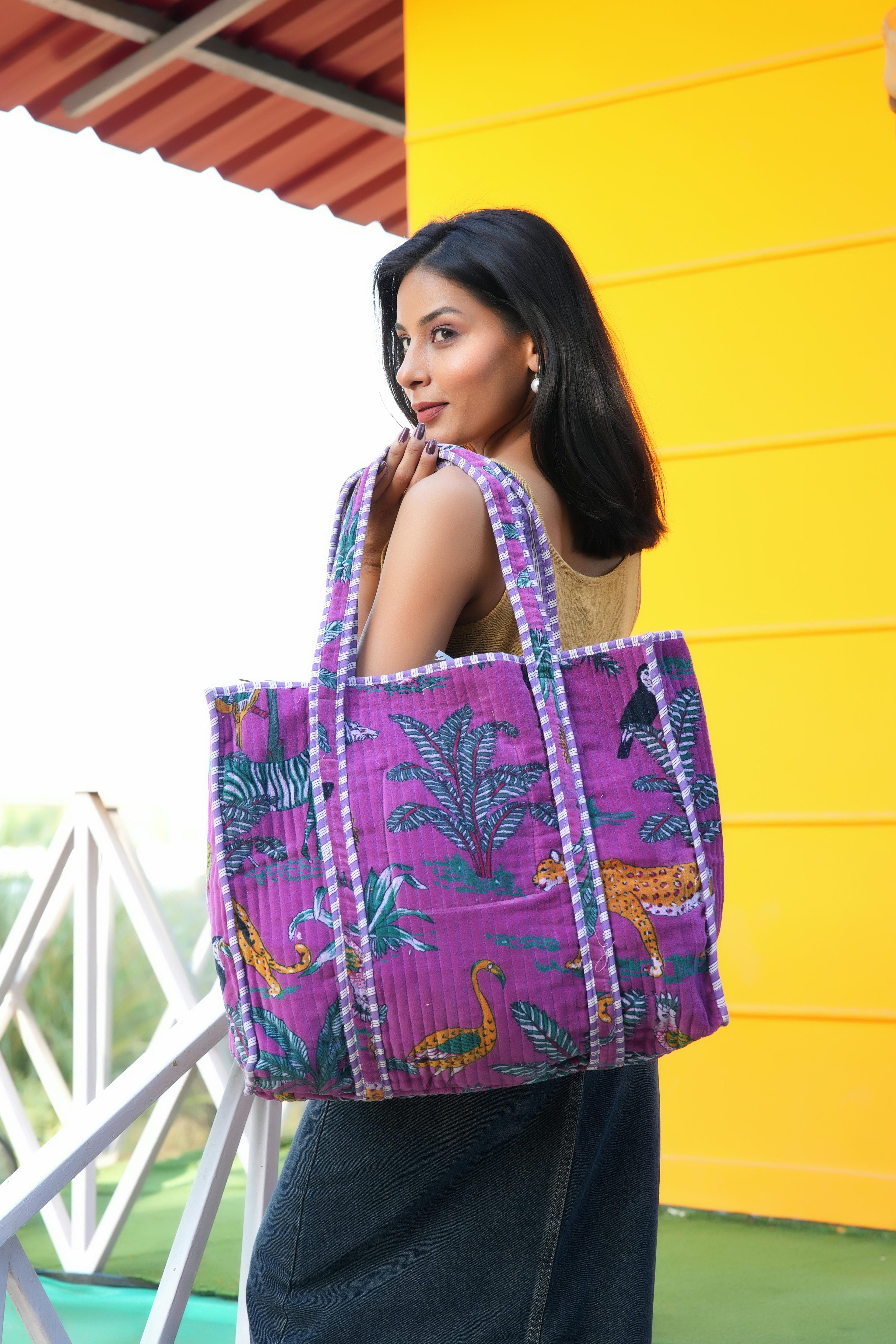 The Jungle Tote in Velvet — handmade quilted velvet tote bag, ethically made in Rajasthan, India