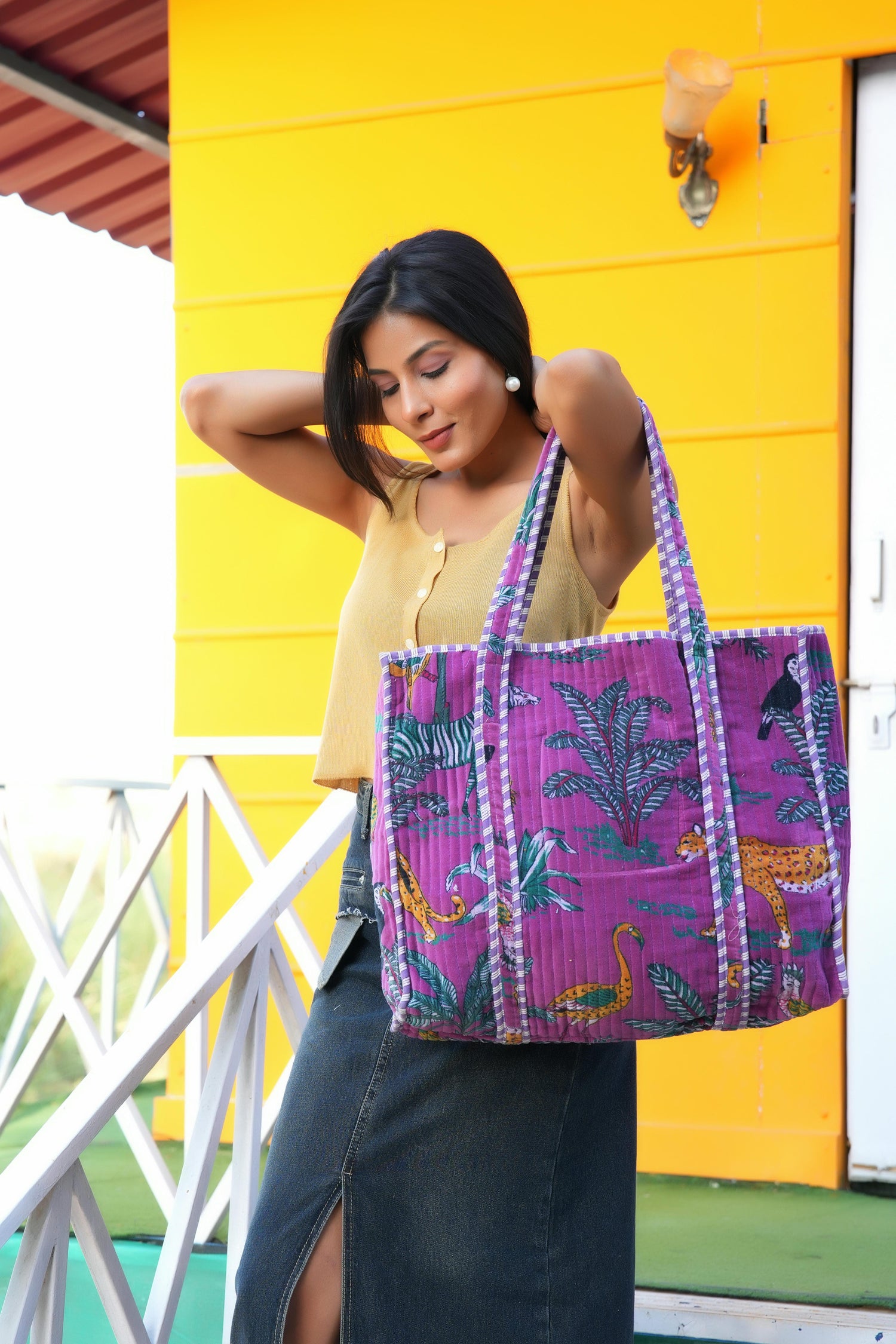 The Jungle Tote in Velvet — handmade quilted velvet tote bag, ethically made in Rajasthan, India