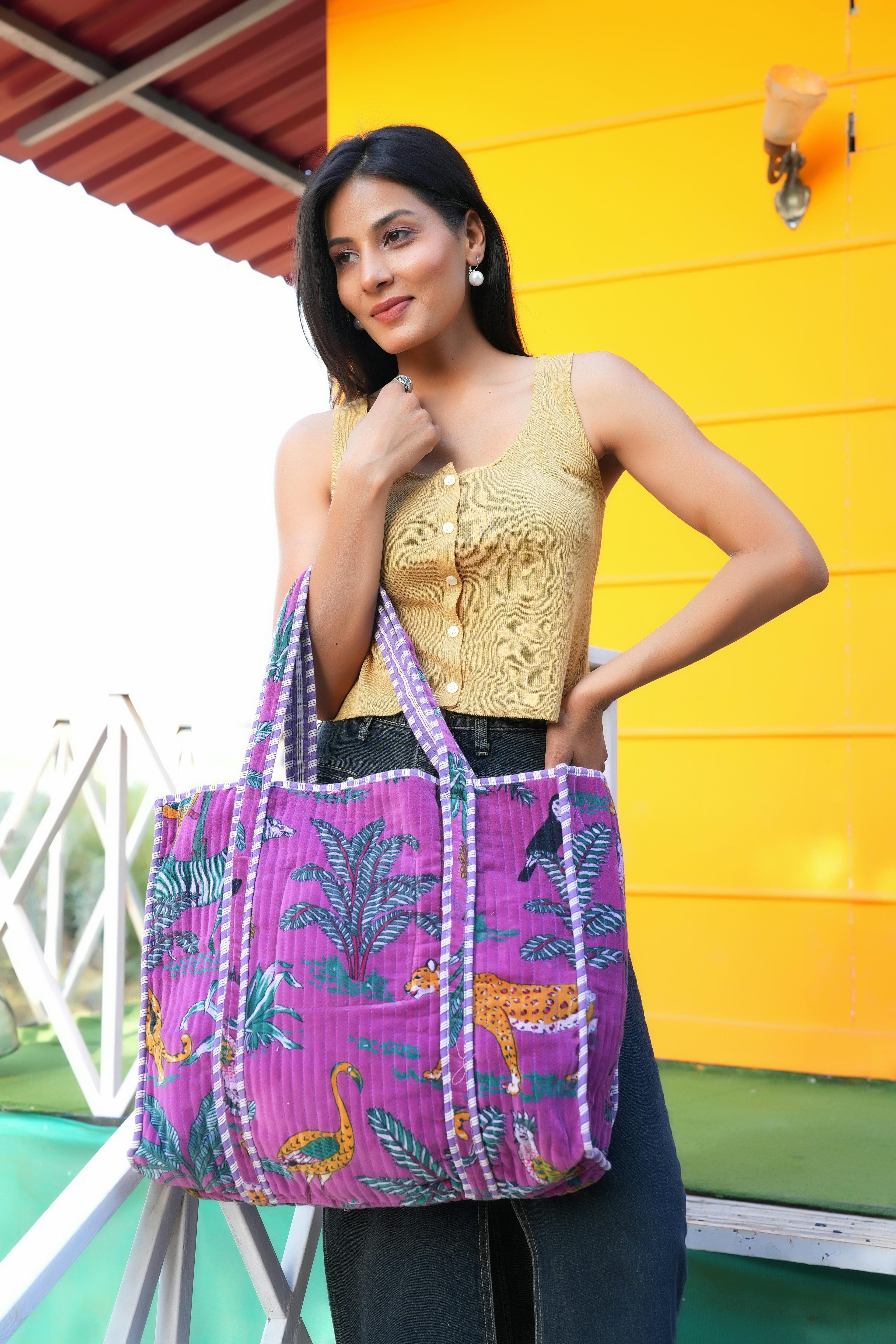The Jungle Tote in Velvet — handmade quilted velvet tote bag, ethically made in Rajasthan, India