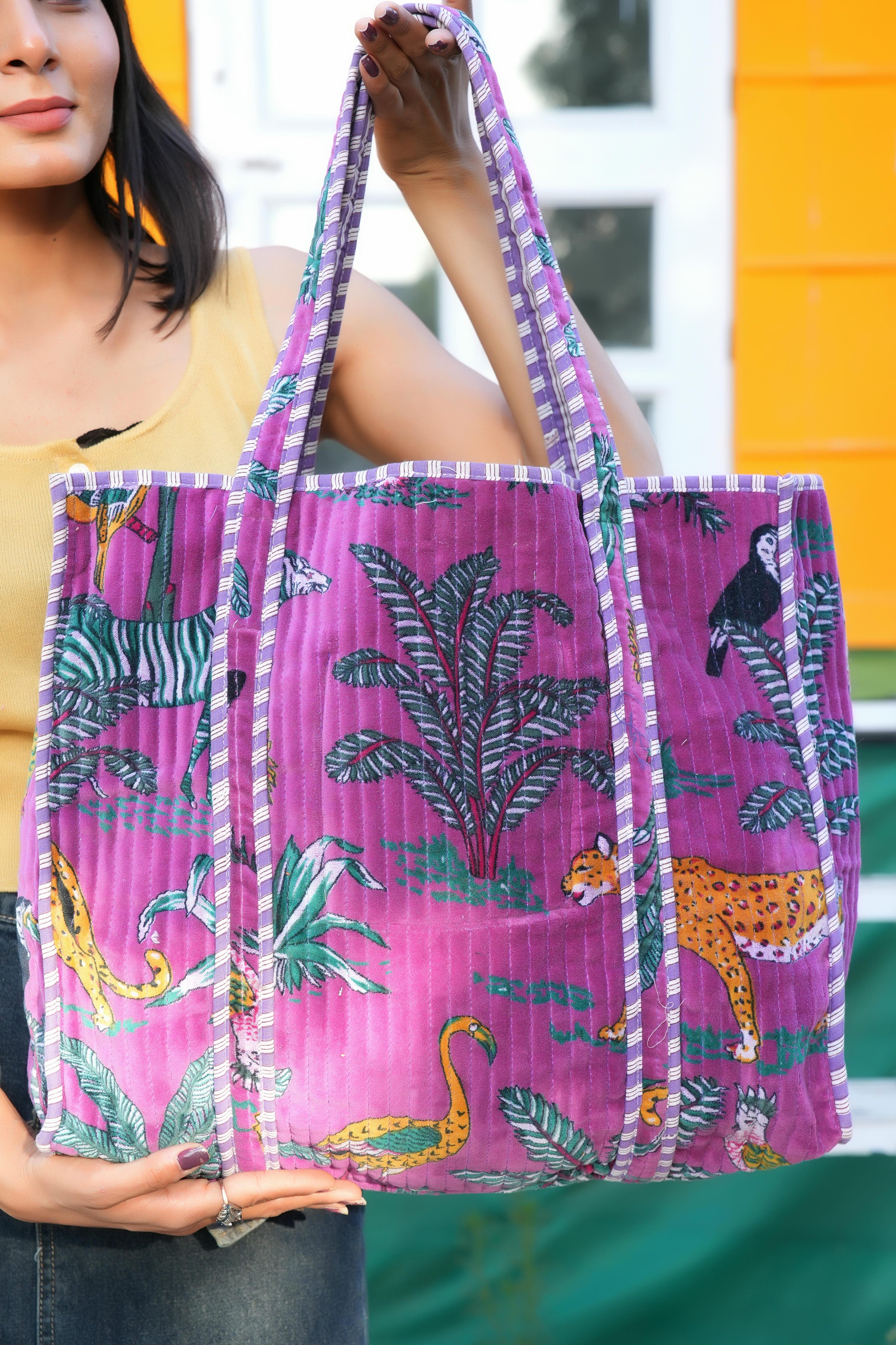 The Jungle Tote in Velvet — handmade quilted velvet tote bag, ethically made in Rajasthan, India