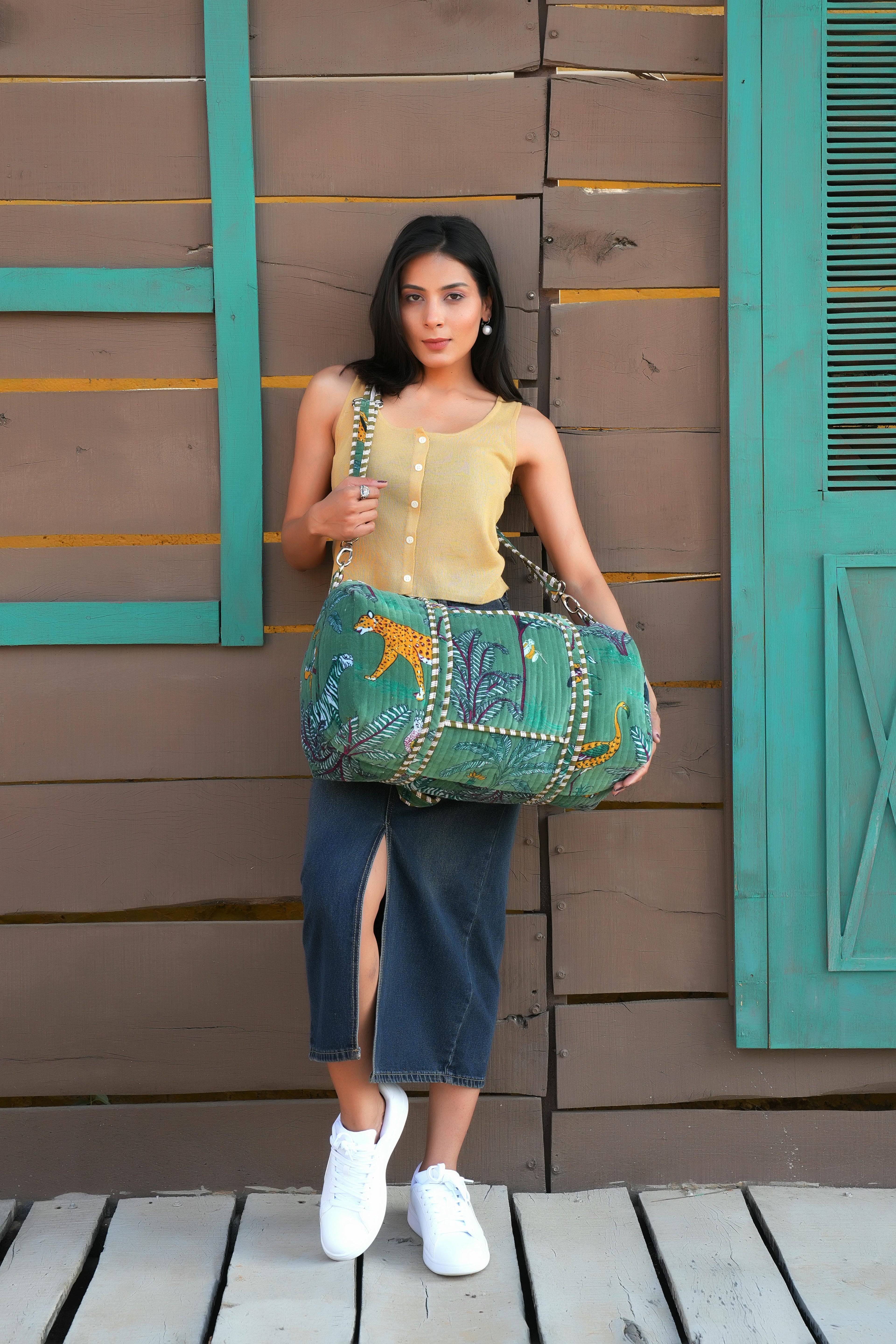 The Jungle Velvet Weekender — handmade quilted velvet weekender bag, ethically made in Rajasthan, India
