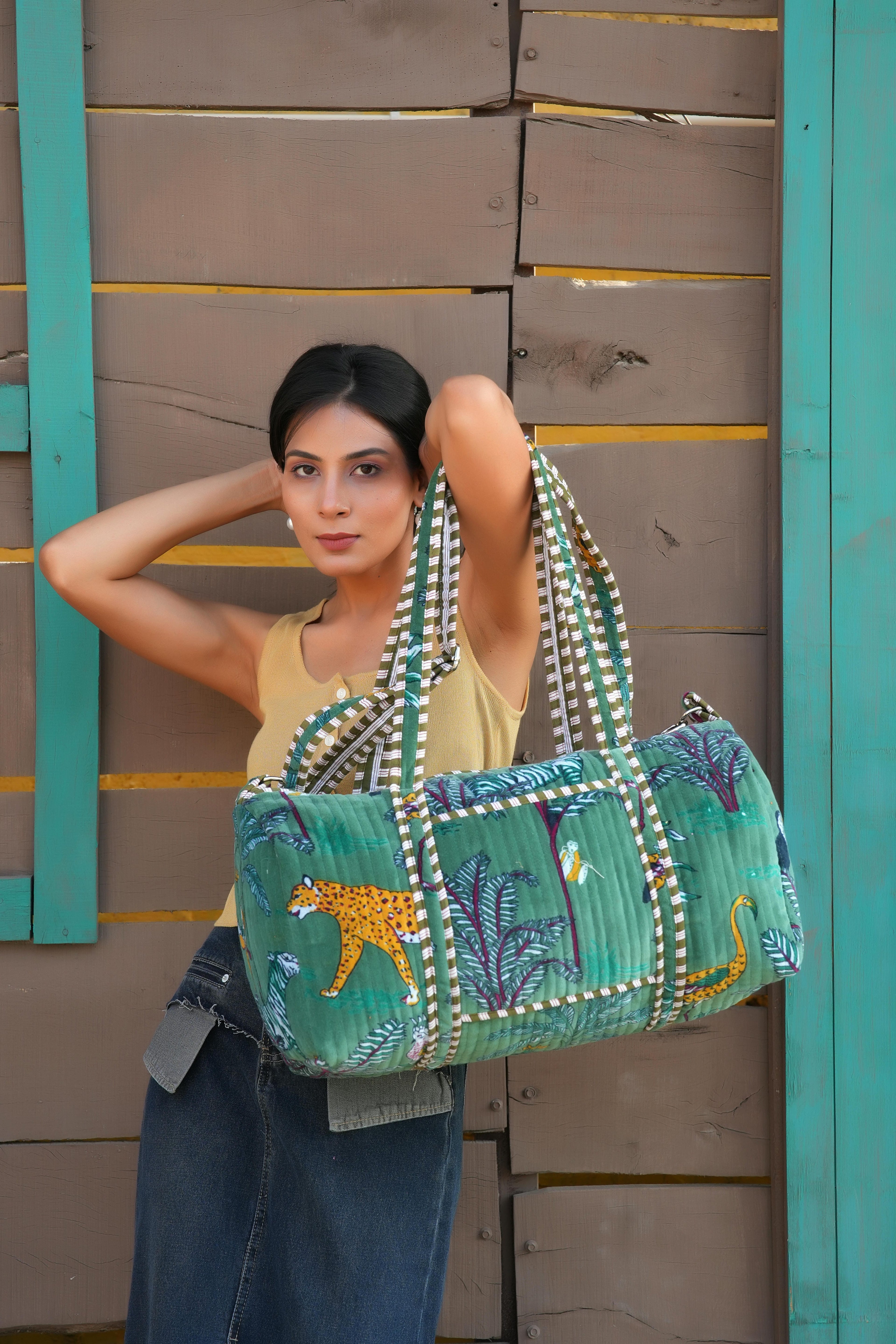 The Jungle Velvet Weekender — handmade quilted velvet weekender bag, ethically made in Rajasthan, India