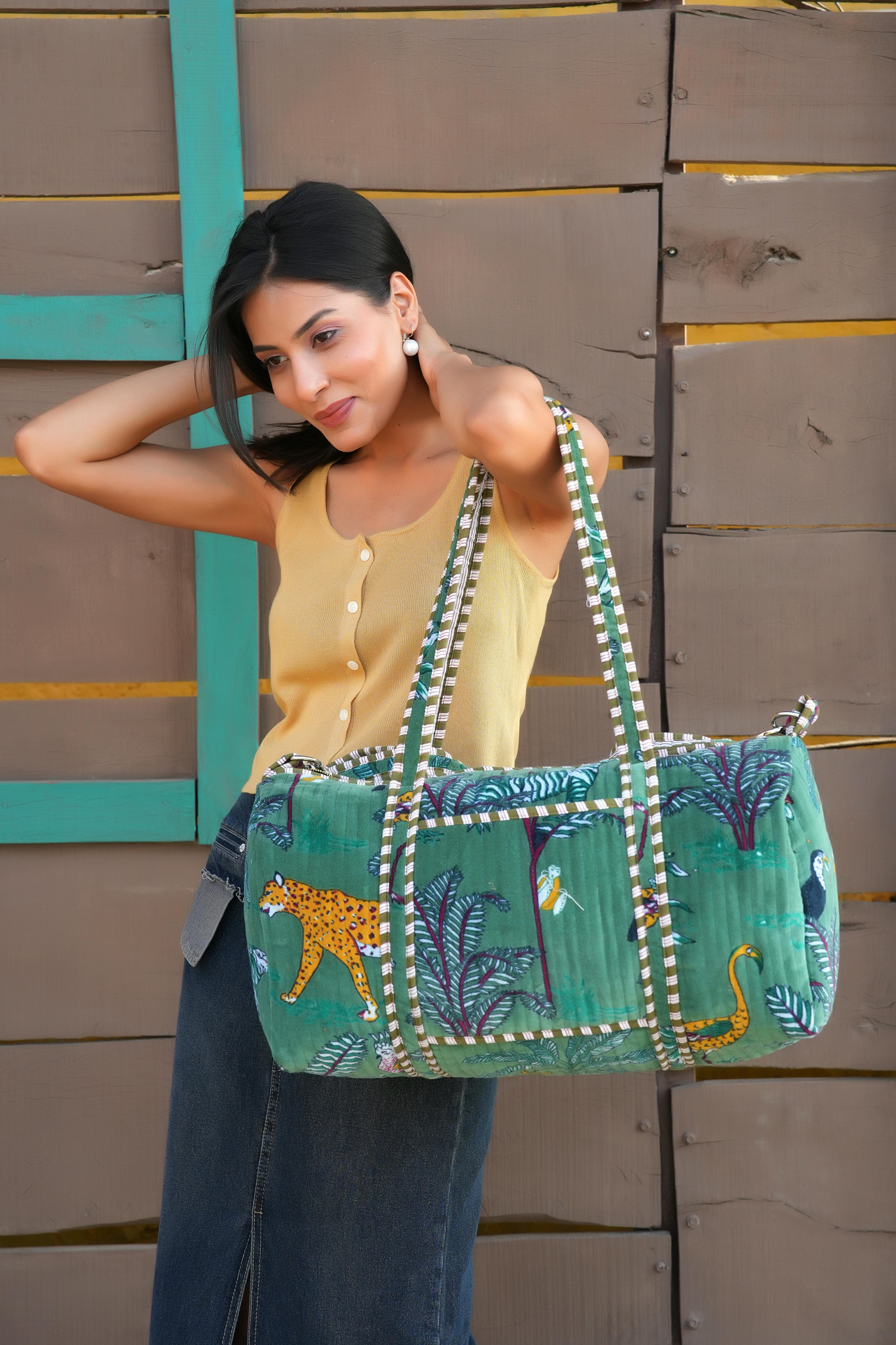 The Jungle Velvet Weekender — handmade quilted velvet weekender bag, ethically made in Rajasthan, India