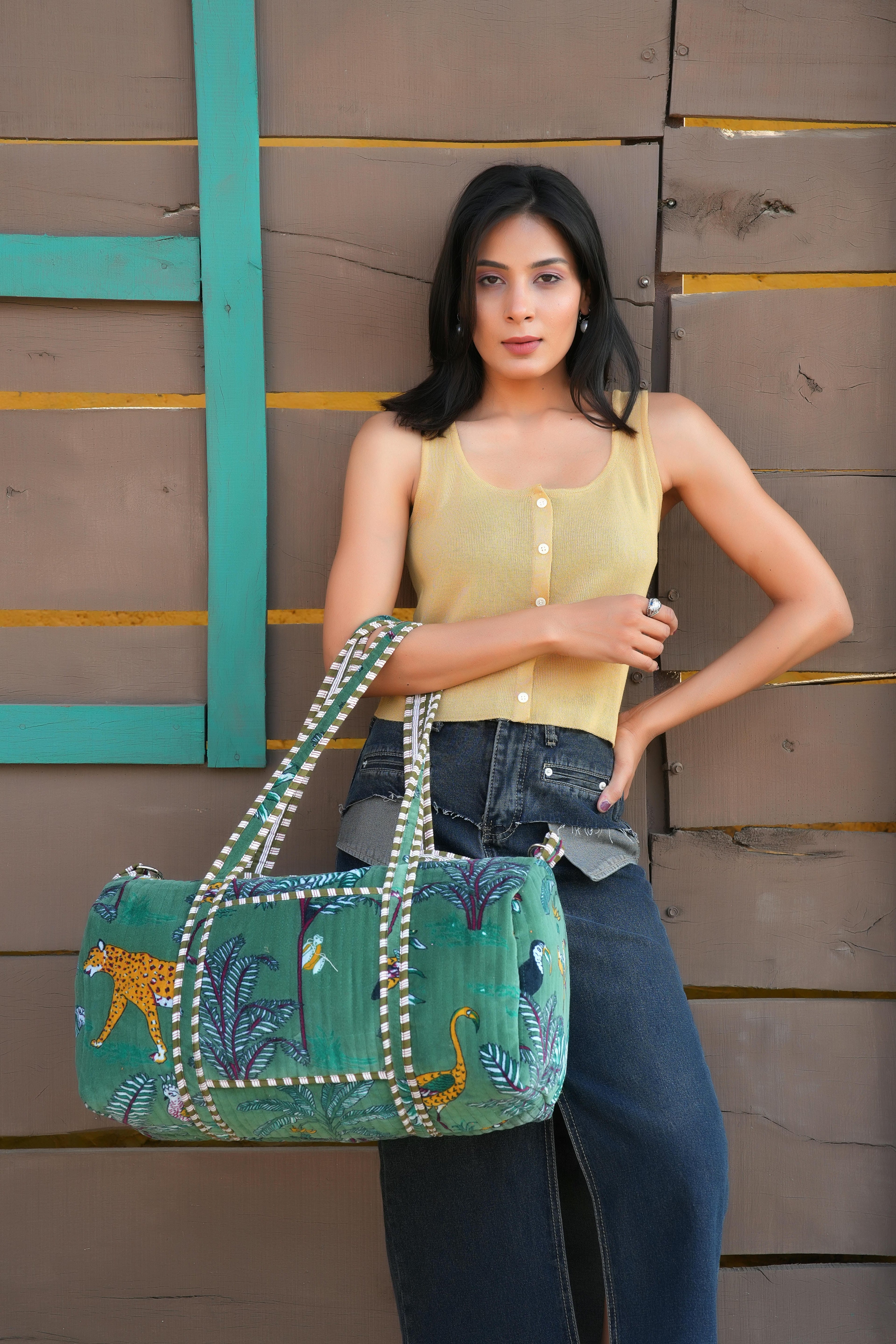 The Jungle Velvet Weekender — handmade quilted velvet weekender bag, ethically made in Rajasthan, India