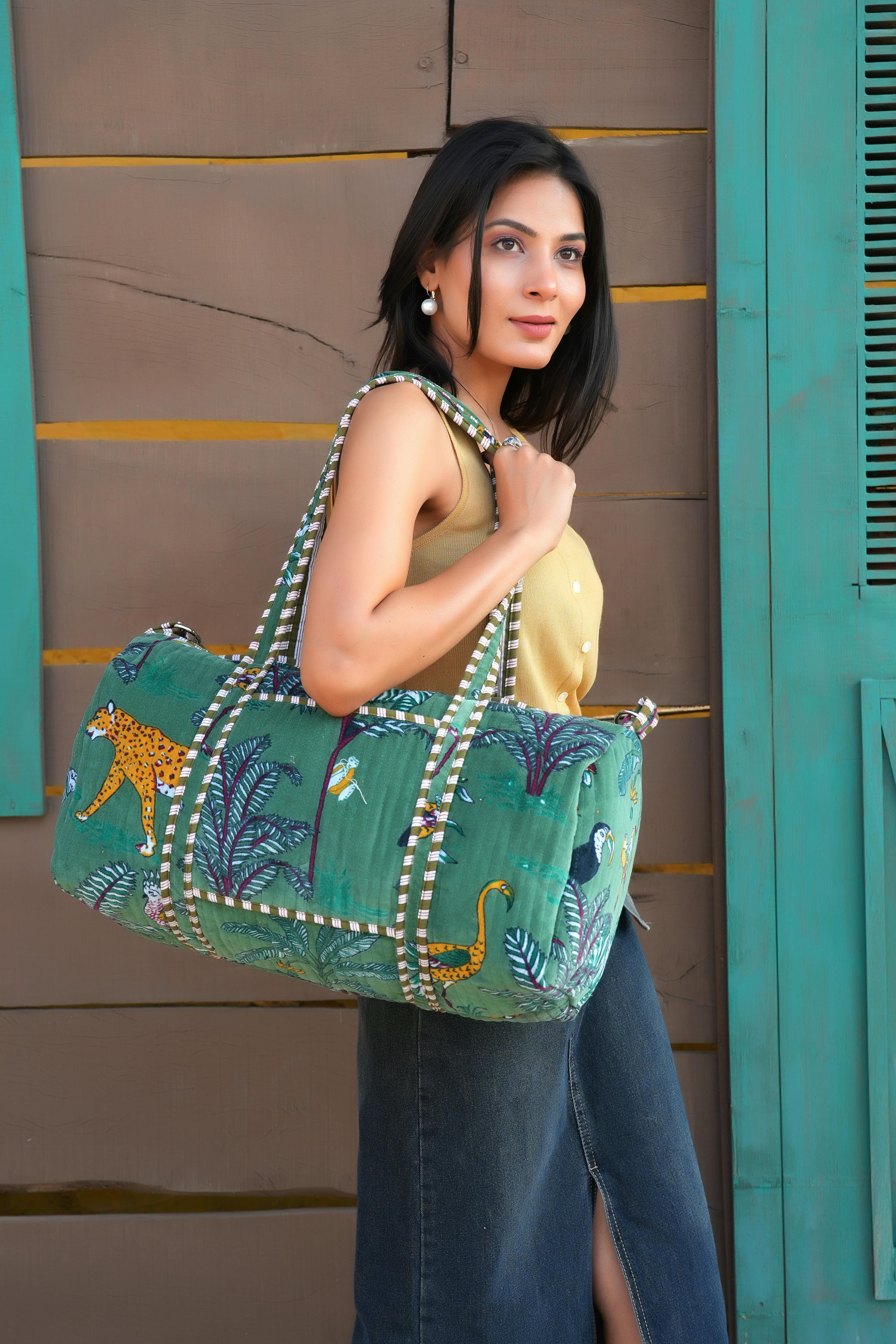 The Jungle Velvet Weekender — handmade quilted velvet weekender bag, ethically made in Rajasthan, India