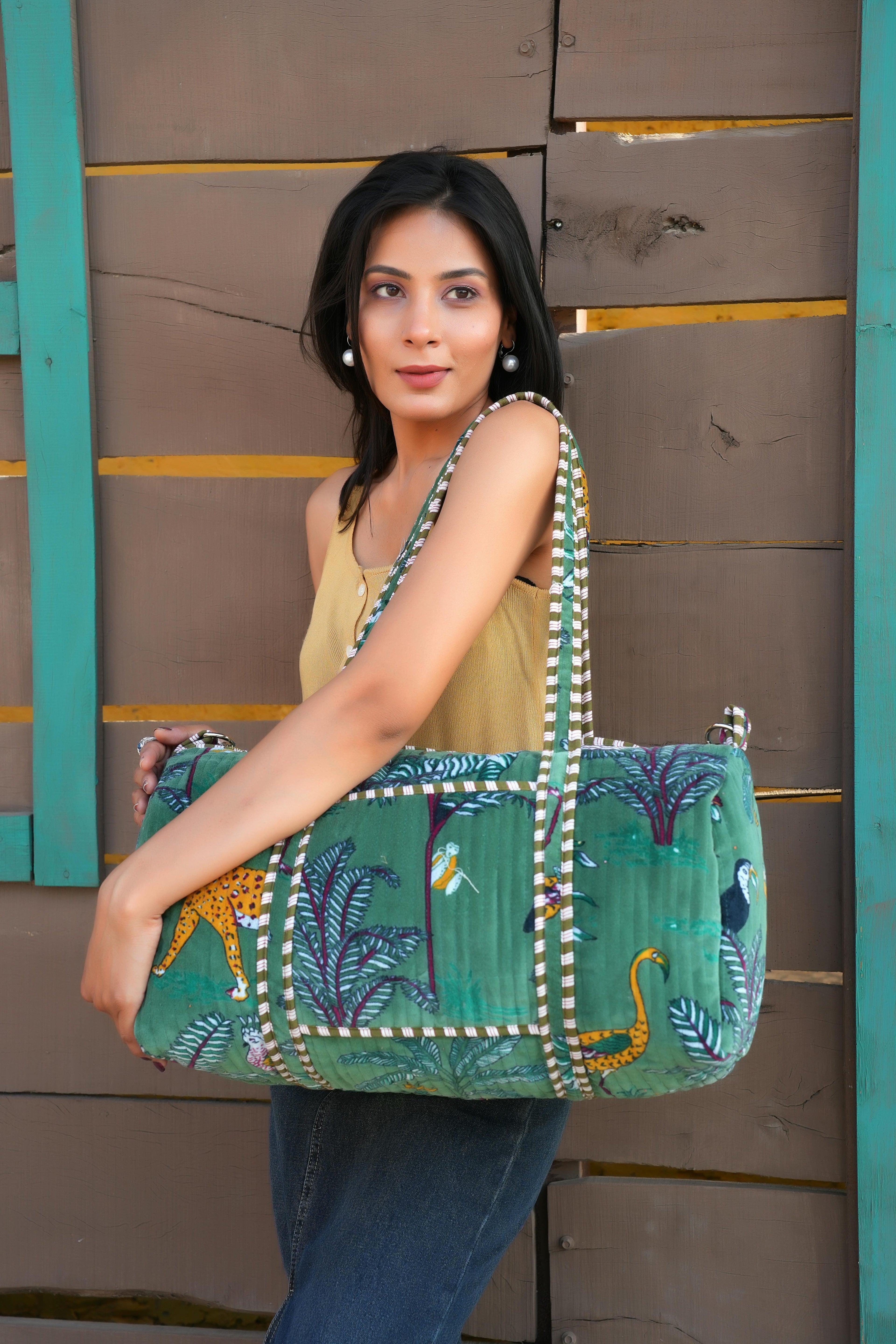 The Jungle Velvet Weekender — handmade quilted velvet weekender bag, ethically made in Rajasthan, India