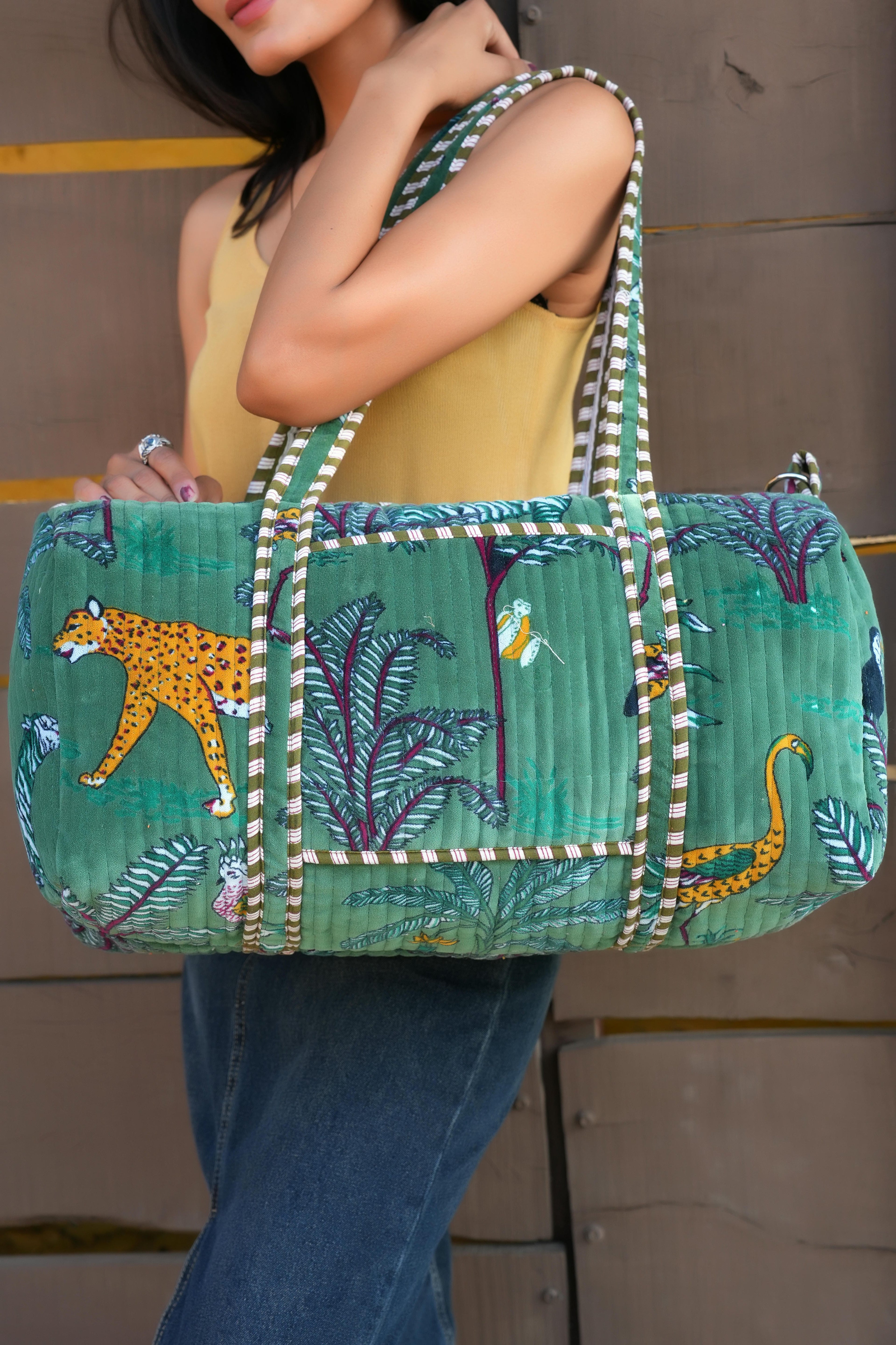 The Jungle Velvet Weekender — handmade quilted velvet weekender bag, ethically made in Rajasthan, India
