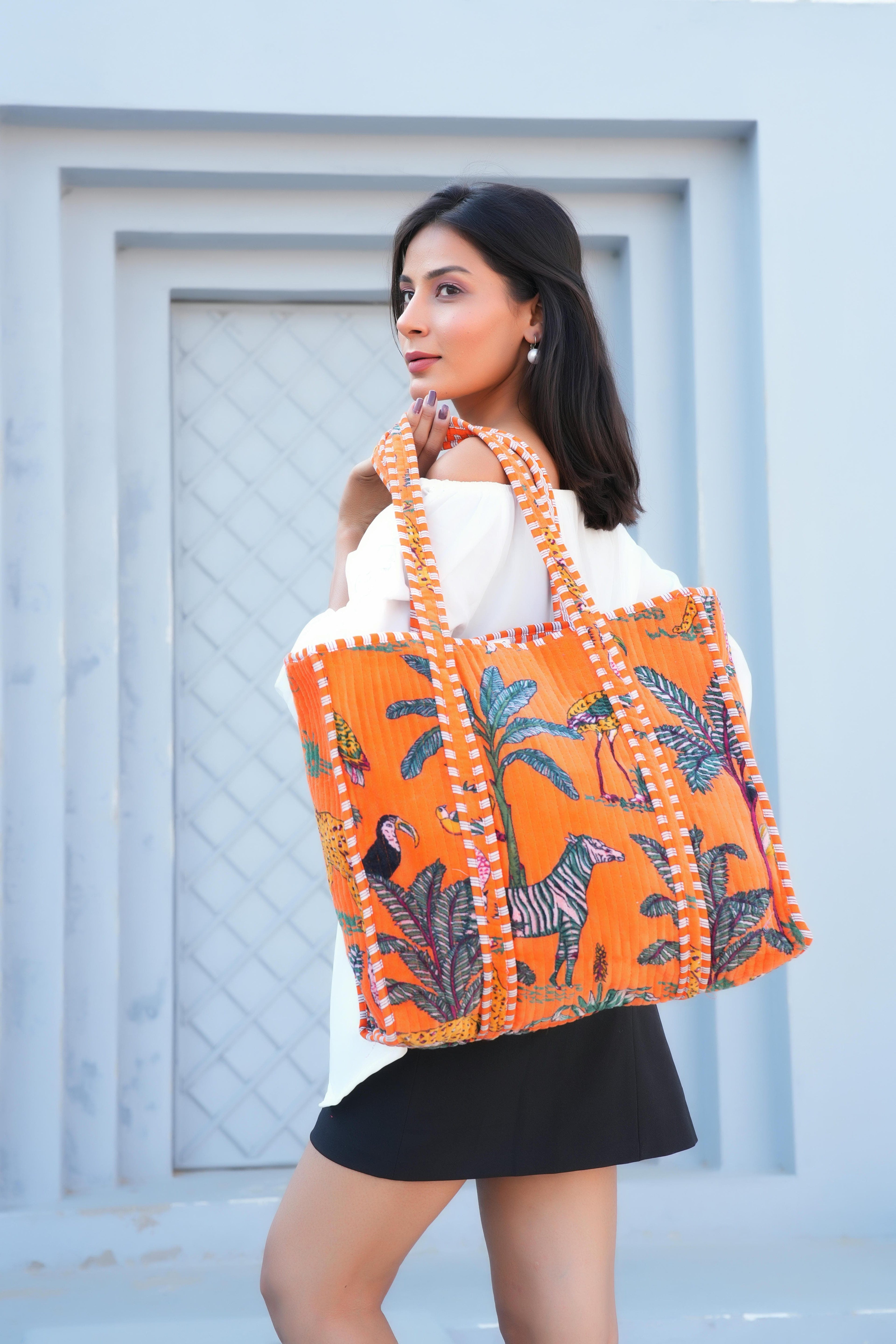 The Jungle Tote in Velvet — handmade quilted velvet tote bag, ethically made in Rajasthan, India
