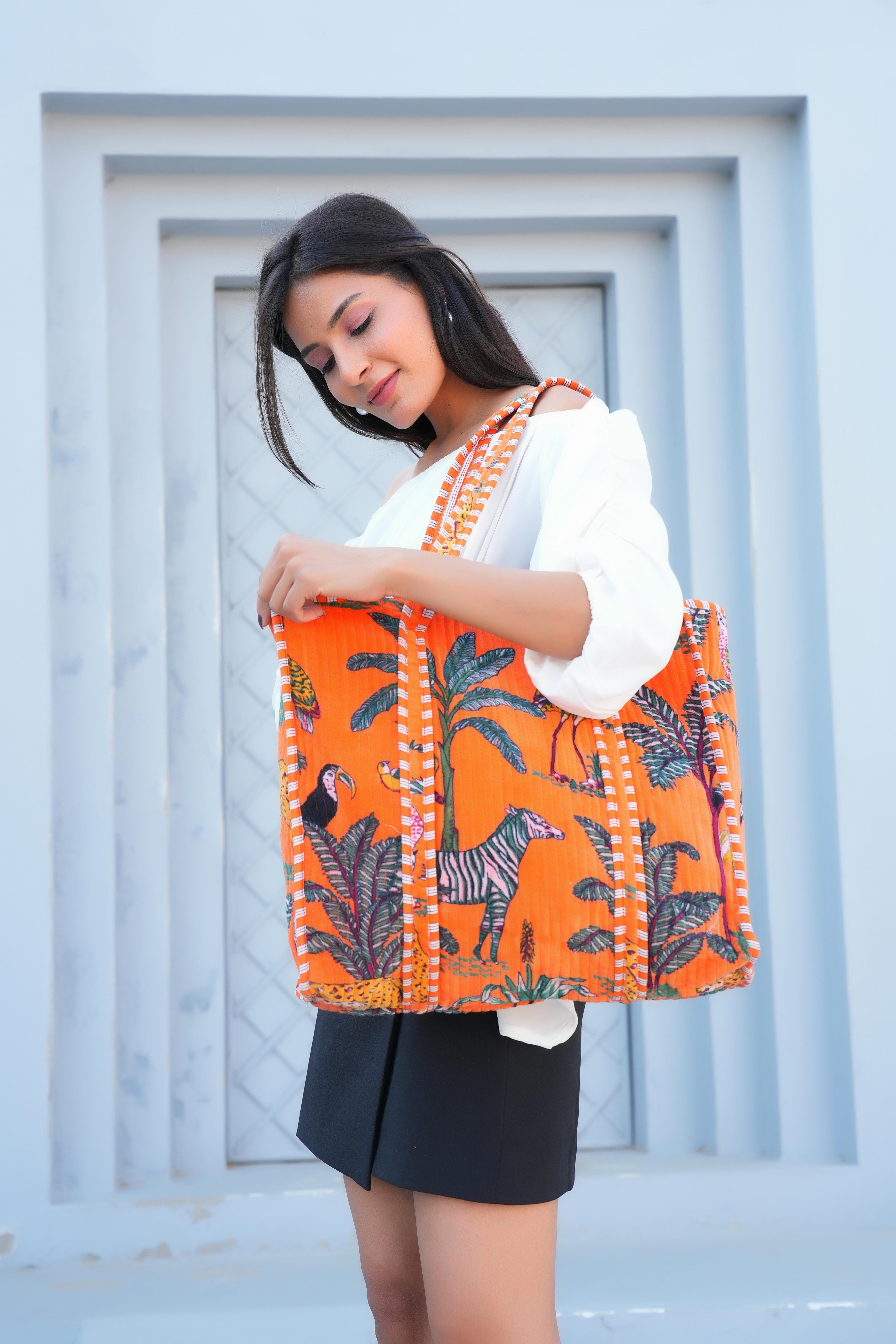 The Jungle Tote in Velvet — handmade quilted velvet tote bag, ethically made in Rajasthan, India