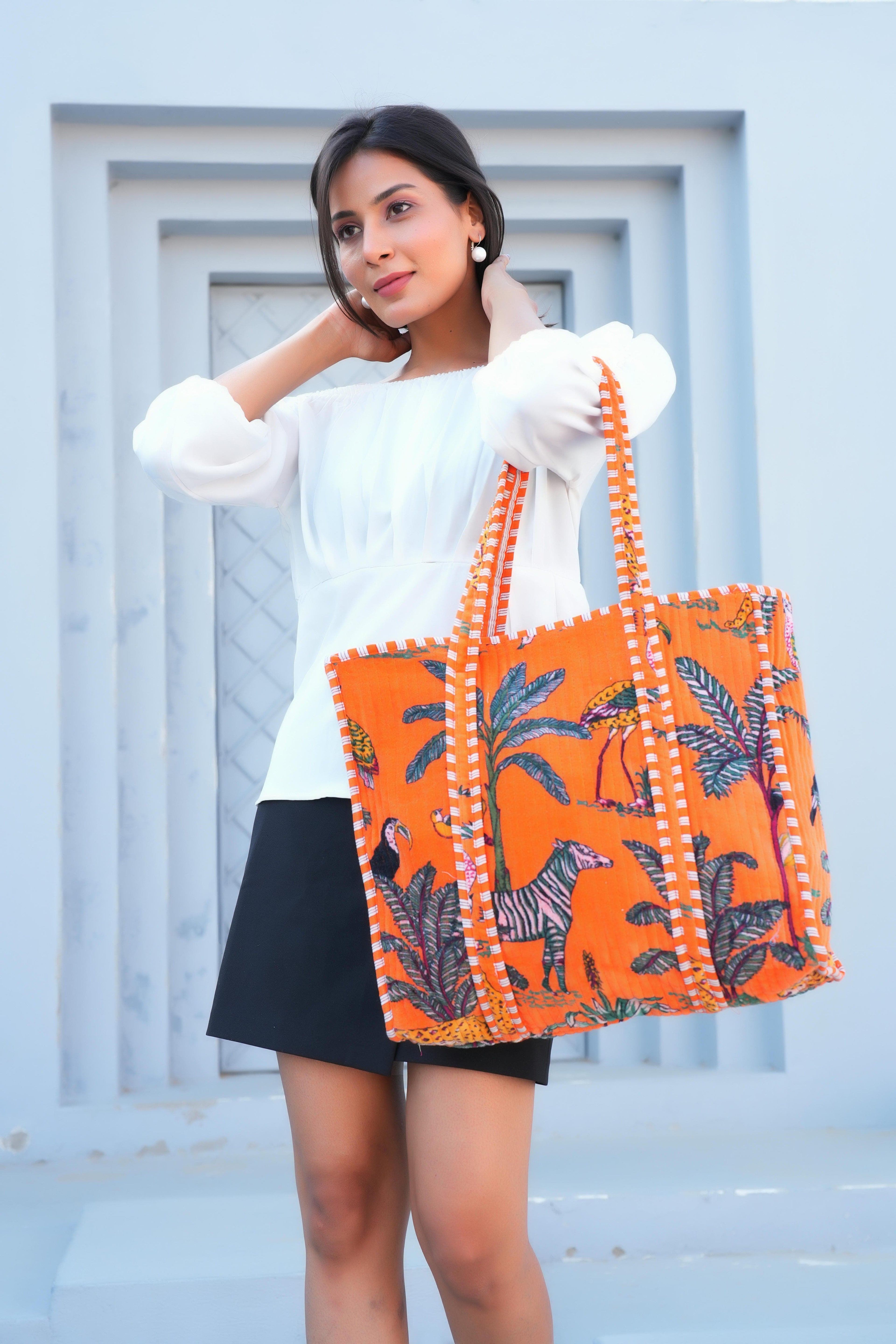The Jungle Tote in Velvet — handmade quilted velvet tote bag, ethically made in Rajasthan, India