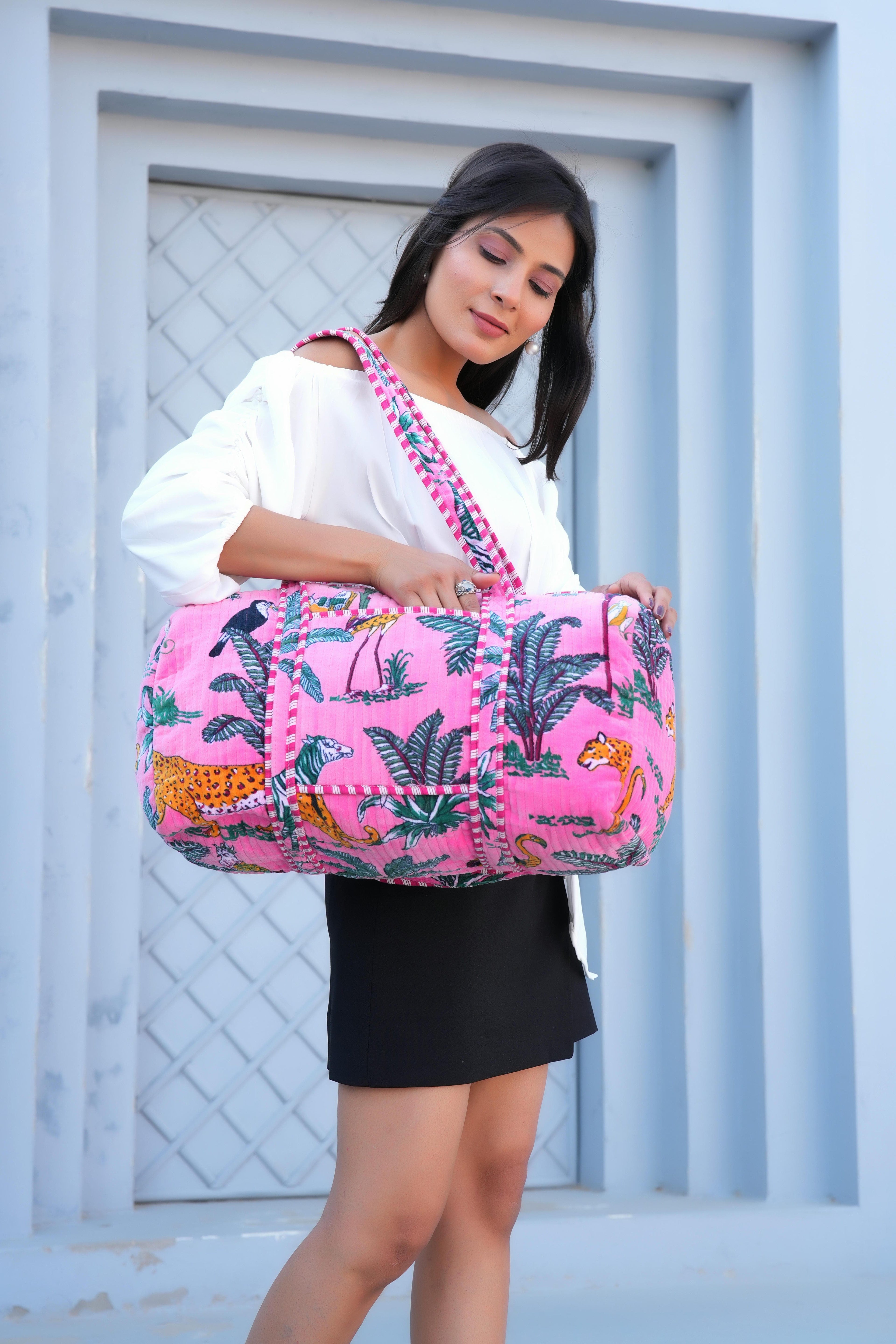 The Jungle Velvet Weekender — handmade quilted velvet weekender bag, ethically made in Rajasthan, India