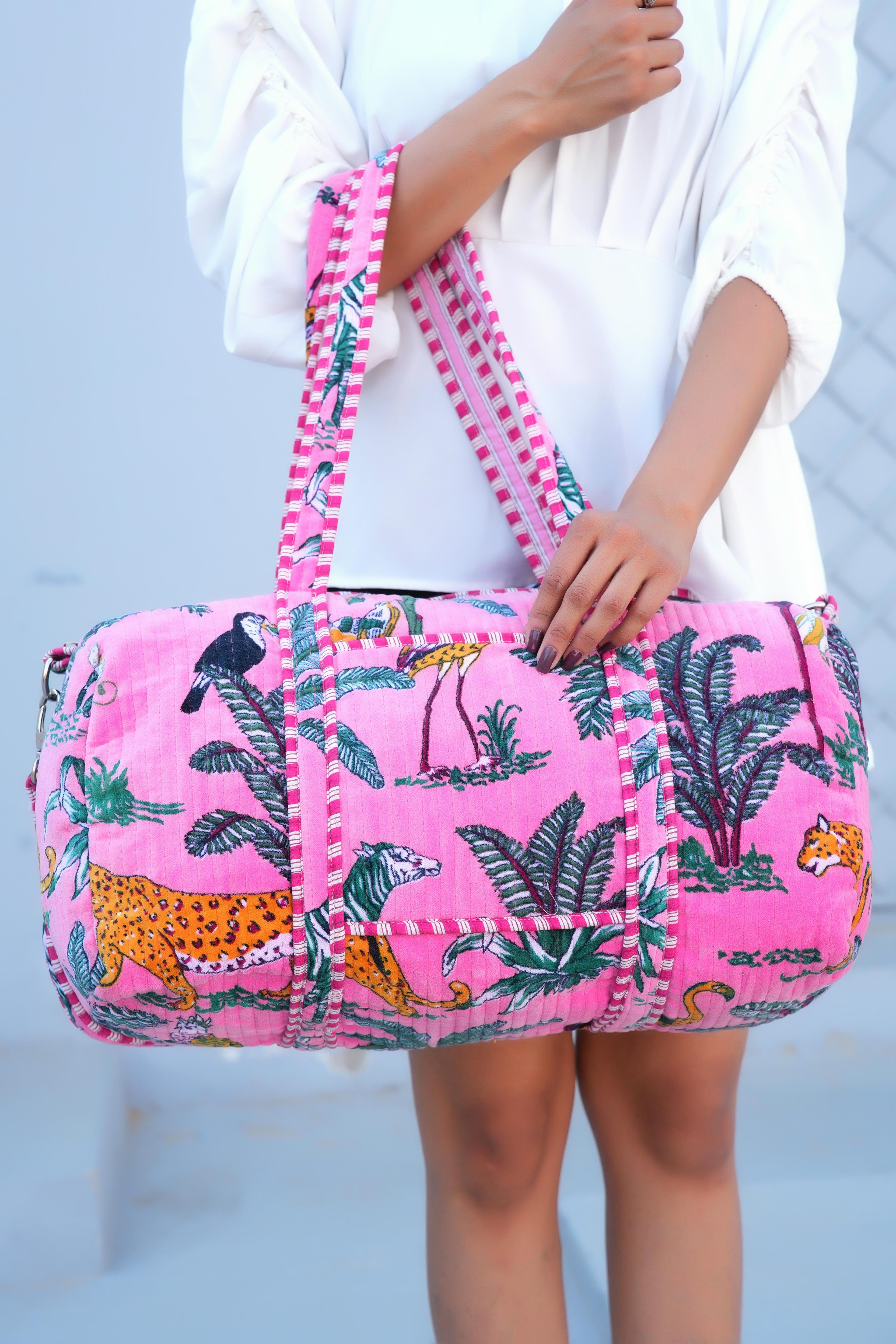The Jungle Velvet Weekender — handmade quilted velvet weekender bag, ethically made in Rajasthan, India